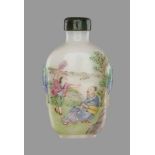 A ‘FAMILLE ROSE’ ENAMELLED AND CARVED WHITE GLASS GUYUE XUAN SNUFF BOTTLEMolded and carved opaque