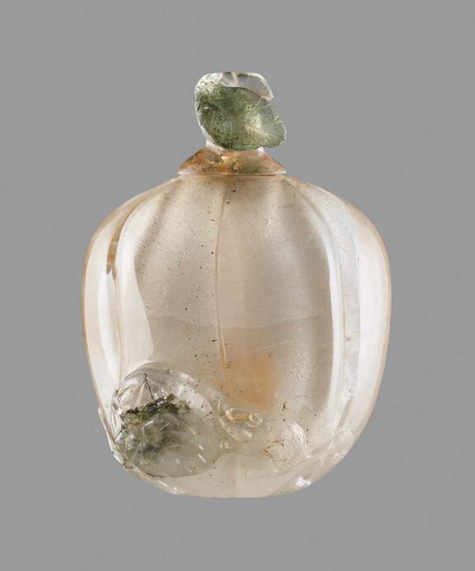 A CARVED ROCK CRYSTAL 'MELON & SQUIRREL' SNUFF BOTTLE, QING DYNASTY Rock crystal, of even