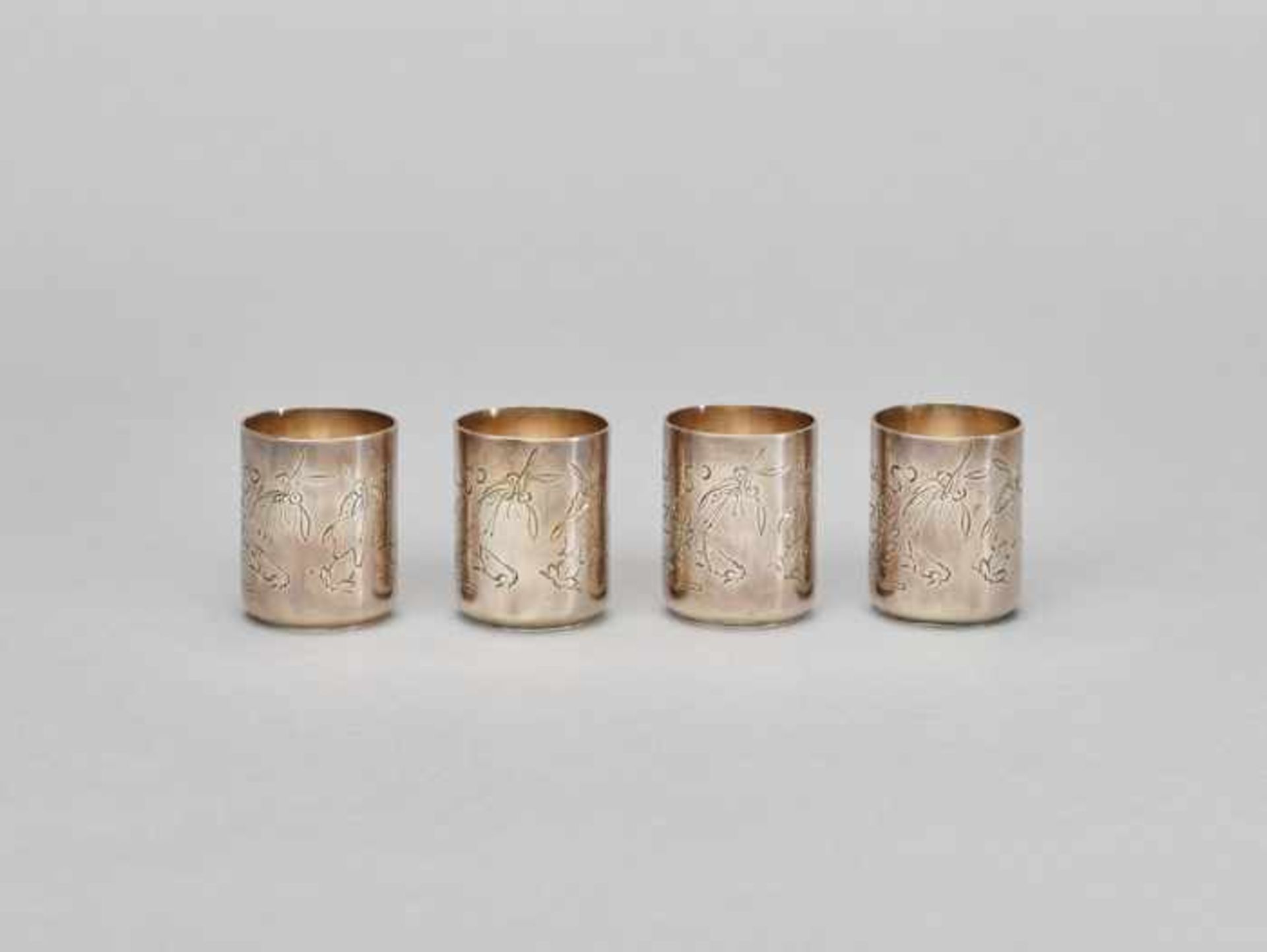 A SET OF 4 CHINESE EXPORT SILVER CUPS, LATE QING DYNASTY Massive 800/1000 silver with neatly incised - Image 2 of 4