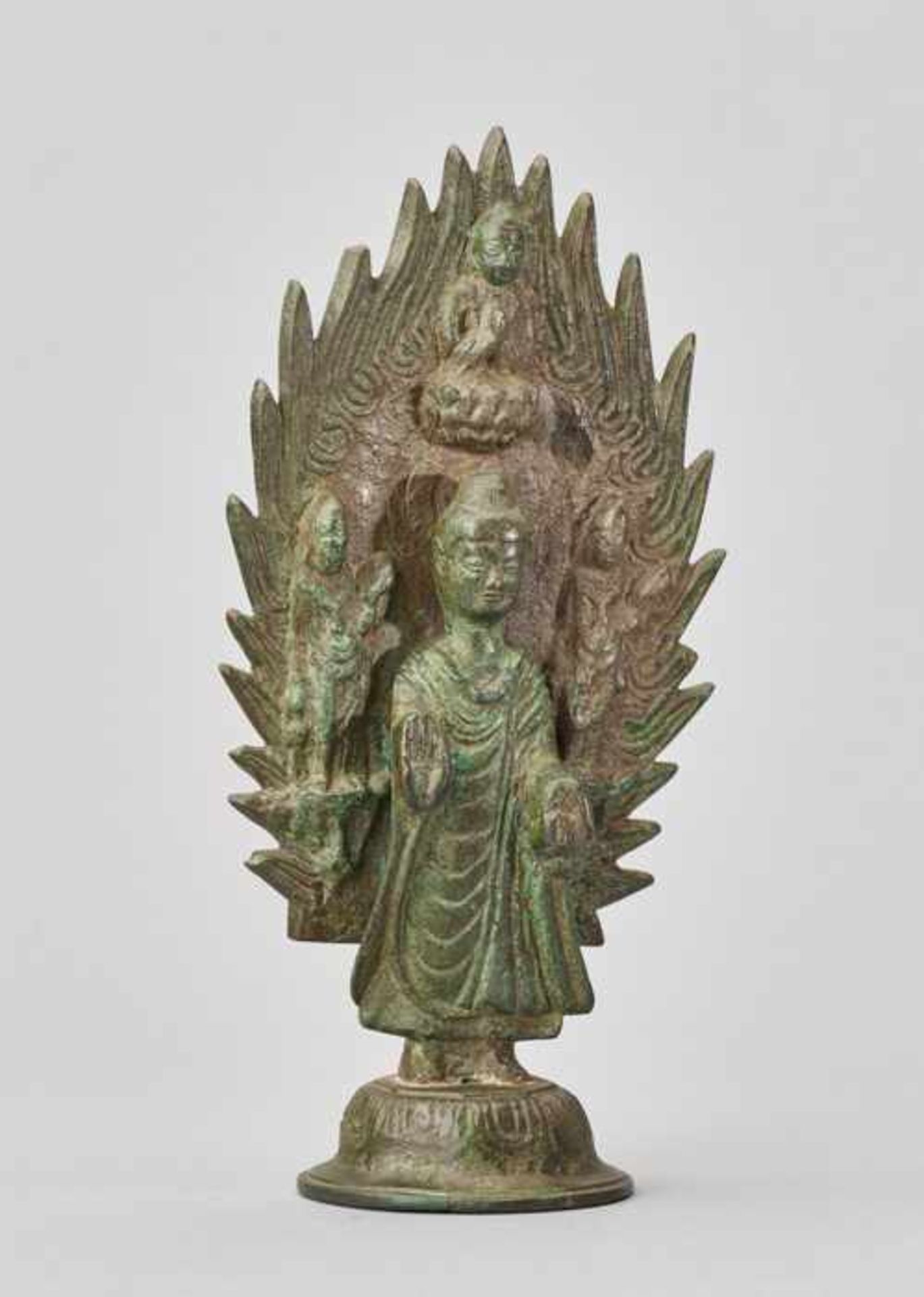 BUDDHA STANDING IN FRONT OF A FLAMING HALO, BRONZE, CHINA, DATED 571 Cast and incised bronze with - Image 4 of 11