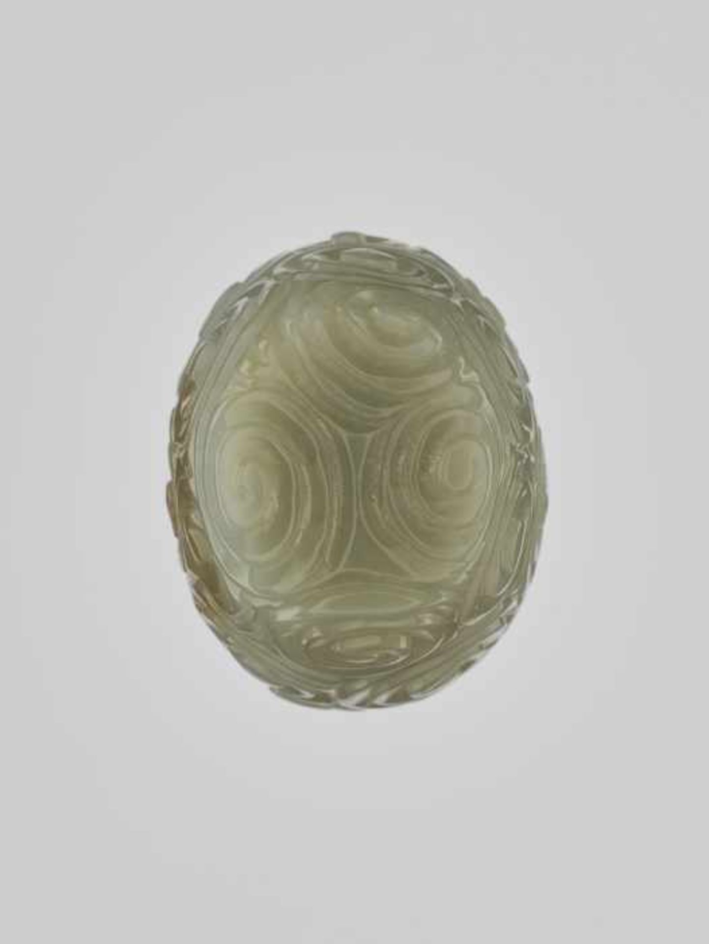 A CELADON JADE ‘SPIRAL’ SNUFF BOTTLE, 19th CENTURY Massive and heavy nephrite of even, almost - Image 6 of 6