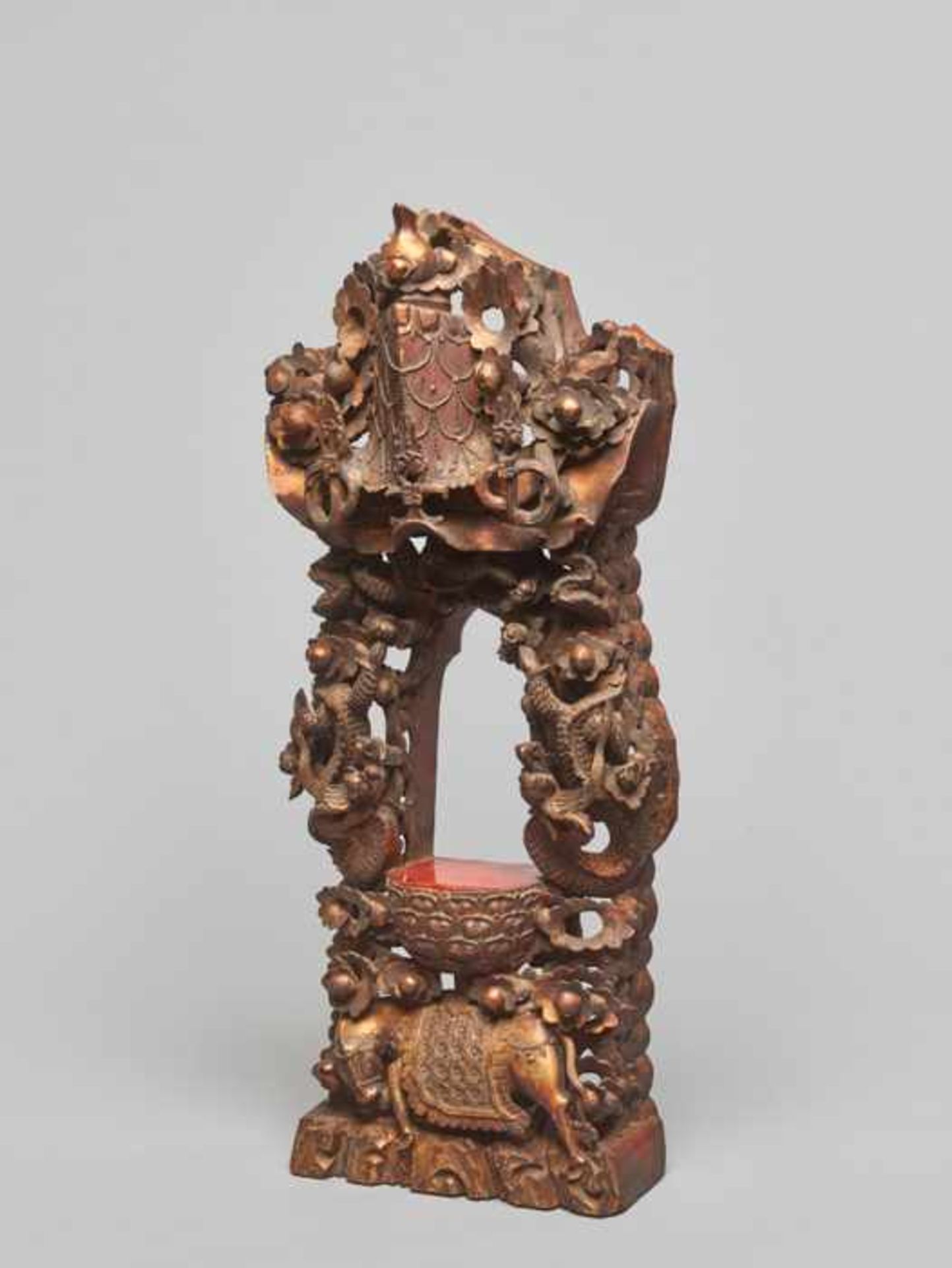 A CARVED WOODEN ZEN BUDDHISM SHRINE, QING DYNASTY Carved wood with original lacquer gilding, the