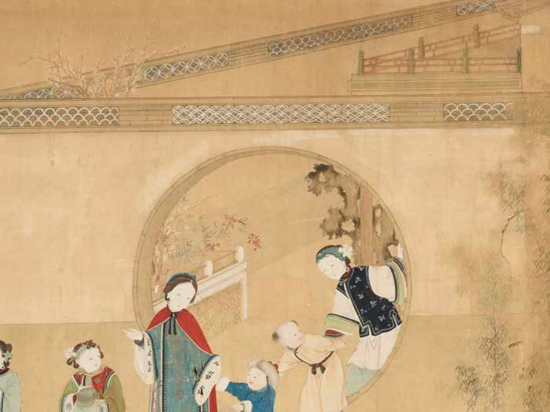 A FINE AND VERY LARGE PAINTING WITH CHILDREN PLAYING IN THE PALACE GARDEN Ink and color on paper, - Image 5 of 7