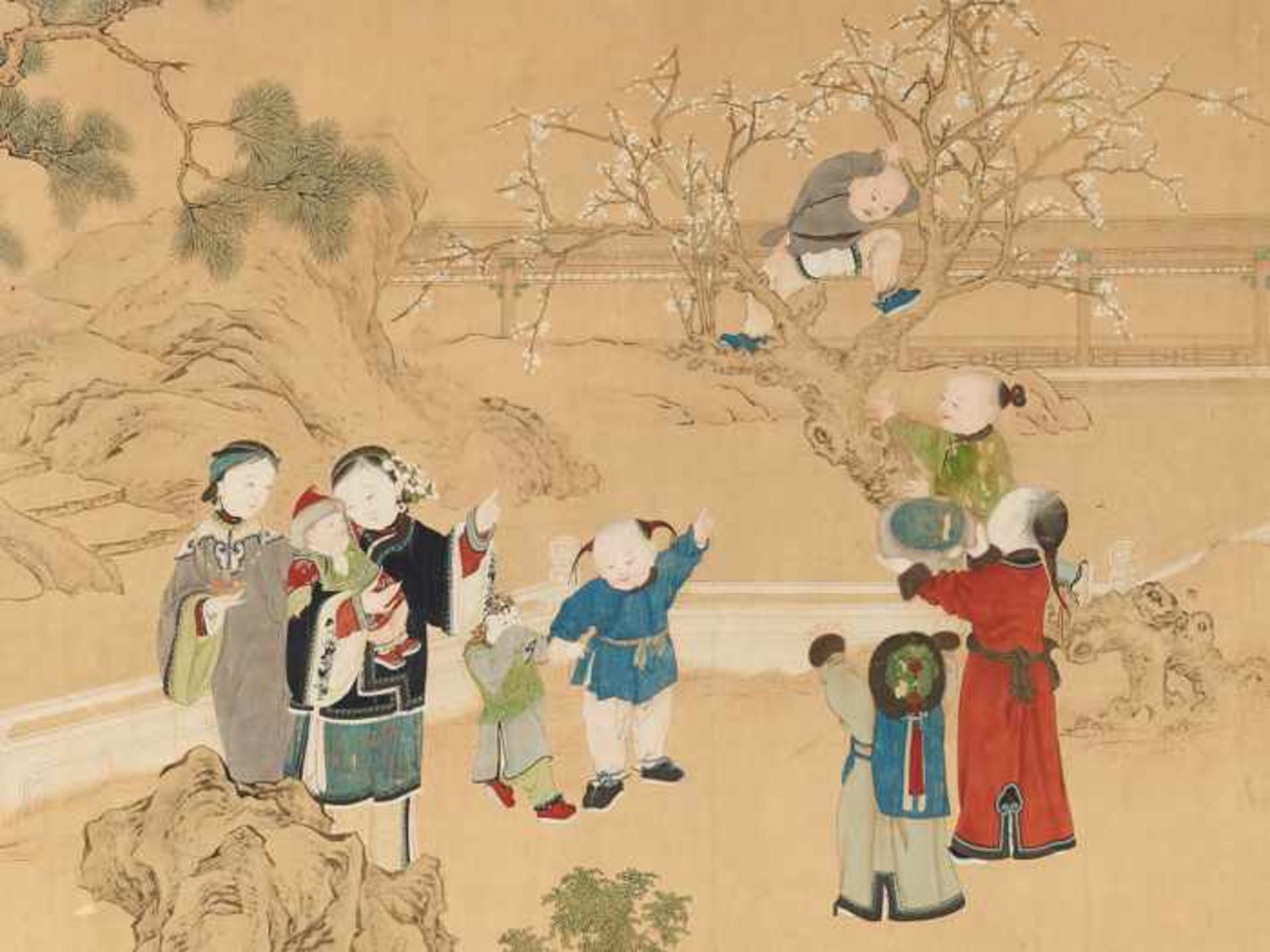 A FINE AND VERY LARGE PAINTING WITH CHILDREN PLAYING IN THE PALACE GARDEN Ink and color on paper, - Image 2 of 7