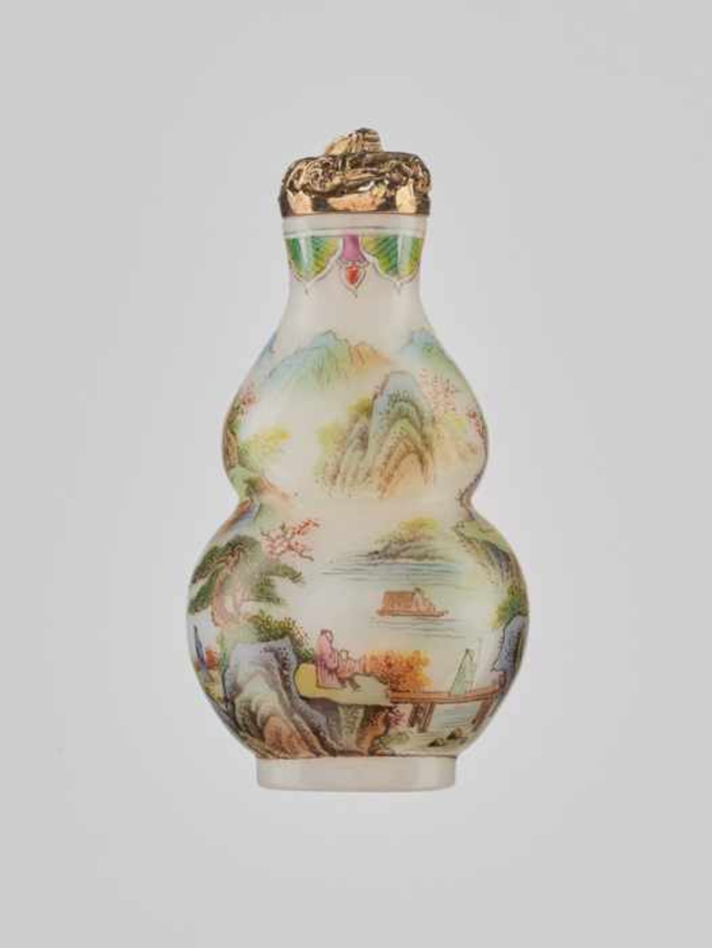 AN ENAMELED ‘MOUNTAINOUS LANDSCAPE’ GLASS SNUFF BOTTLE, MANNER OF YE BENGQI Opaque white glass