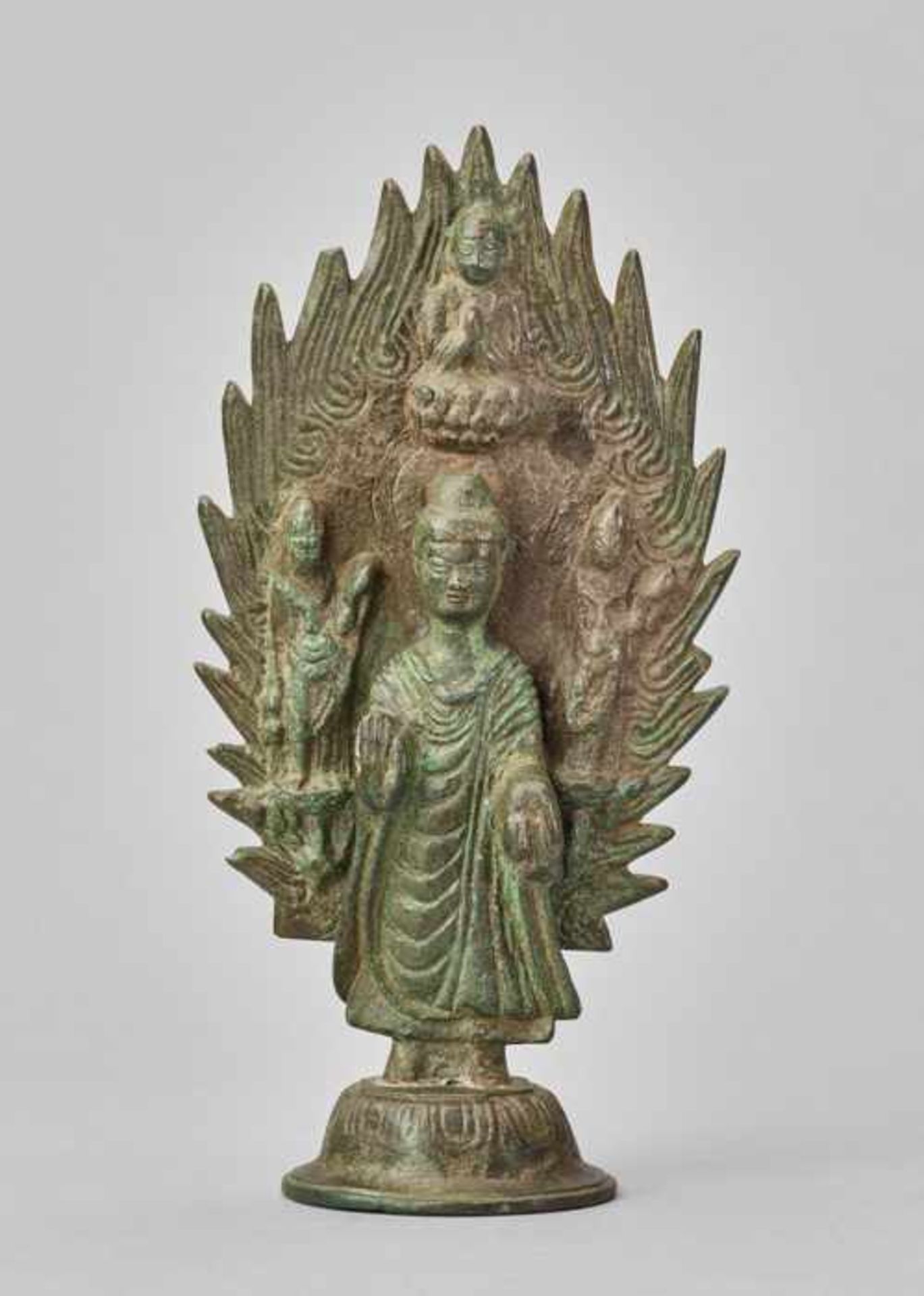 BUDDHA STANDING IN FRONT OF A FLAMING HALO, BRONZE, CHINA, DATED 571 Cast and incised bronze with - Image 2 of 11