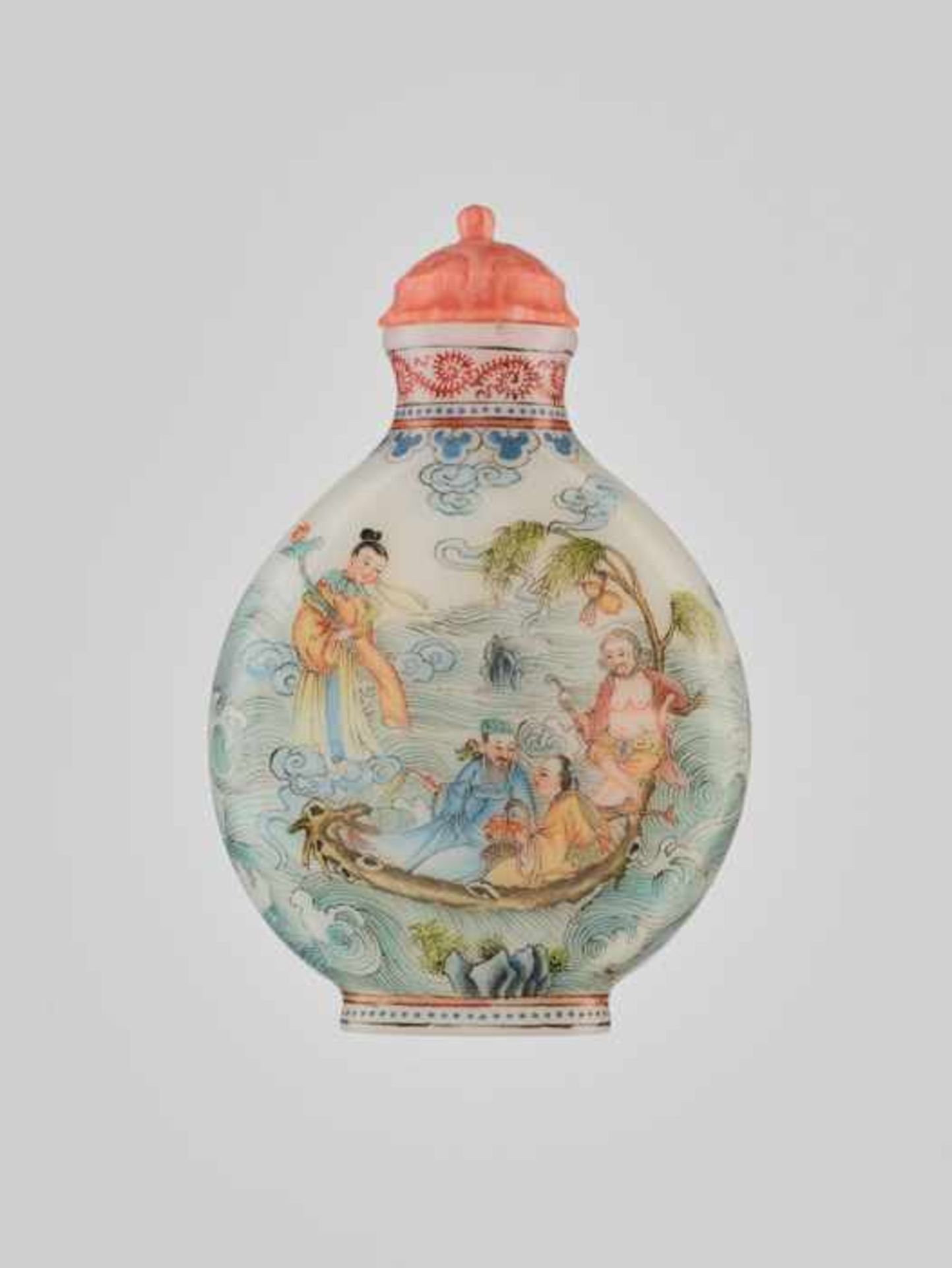 AN ENAMELED ‘BAXIAN’ GLASS SNUFF BOTTLE, 20th CENTURY Opaque white glass with delicately painted - Image 2 of 6