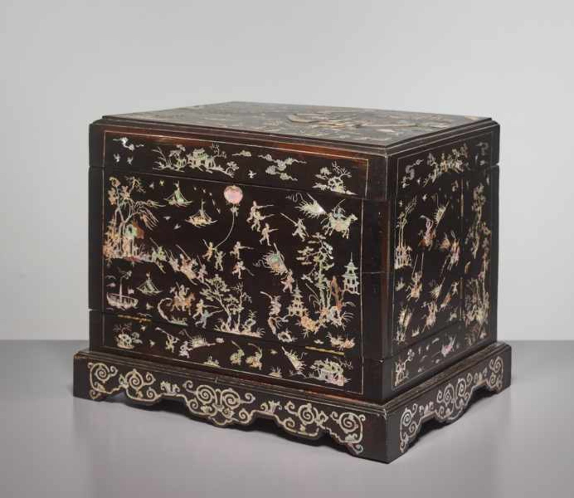 A YU MU ELMWOOD TABLE CABINET WITH MOTHER-OF-PEARL INLAYS, QING DYNASTY Ulmus parvifolia, also known