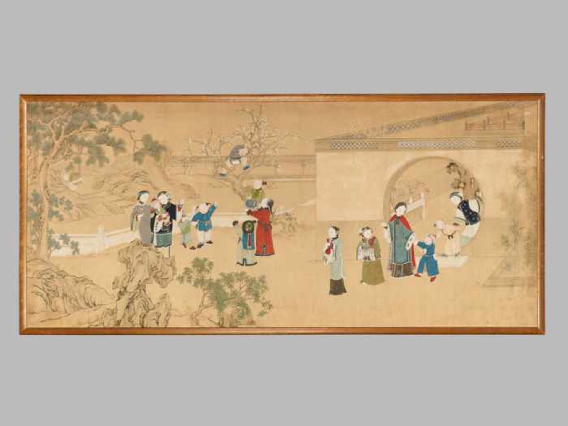 A FINE AND VERY LARGE PAINTING WITH CHILDREN PLAYING IN THE PALACE GARDEN Ink and color on paper,