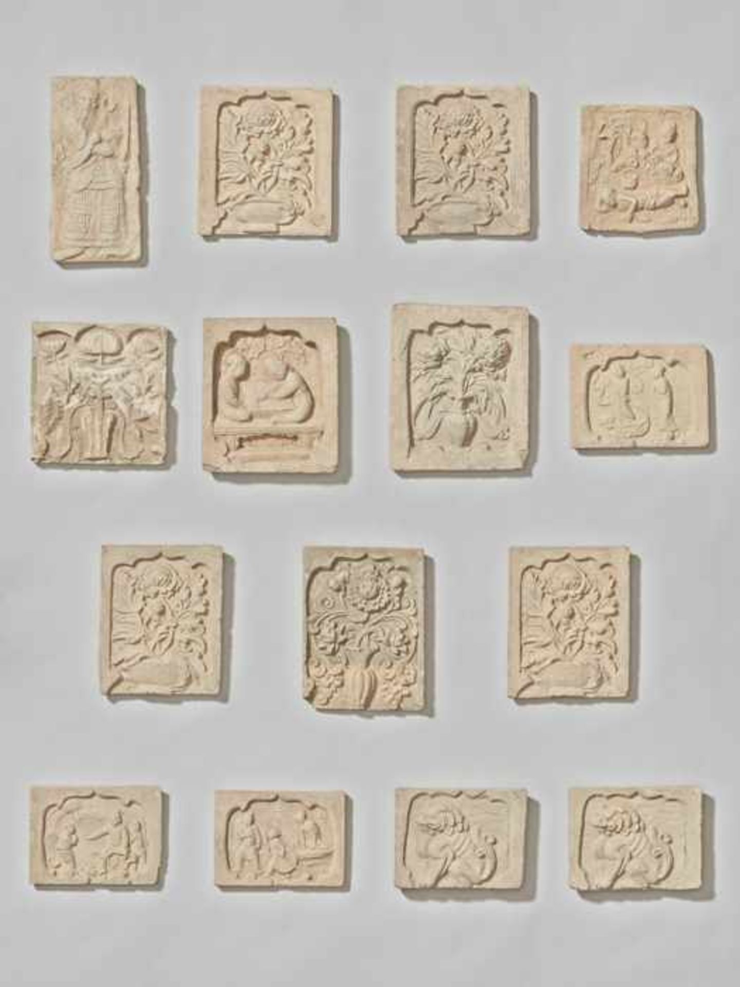 A LARGE GROUP OF 15 CHINESE TERRACOTTA WALL TILES, QING DYNASTY Each tile made of carved and fired