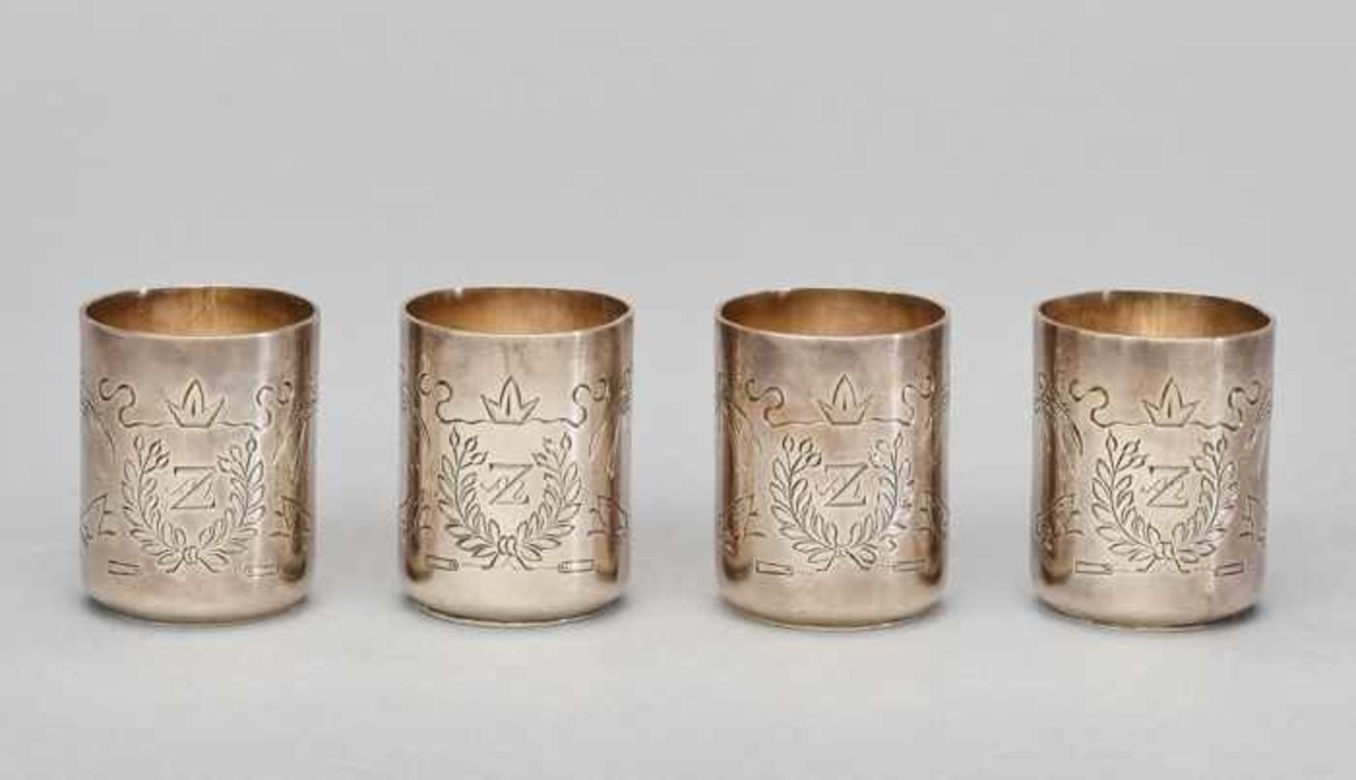 A SET OF 4 CHINESE EXPORT SILVER CUPS, LATE QING DYNASTY Massive 800/1000 silver with neatly incised