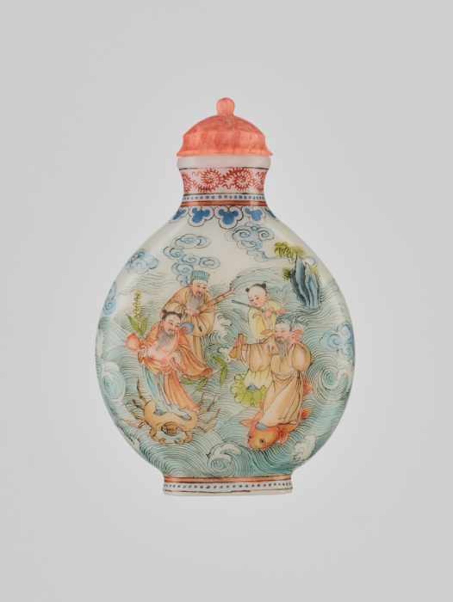 AN ENAMELED ‘BAXIAN’ GLASS SNUFF BOTTLE, 20th CENTURY Opaque white glass with delicately painted