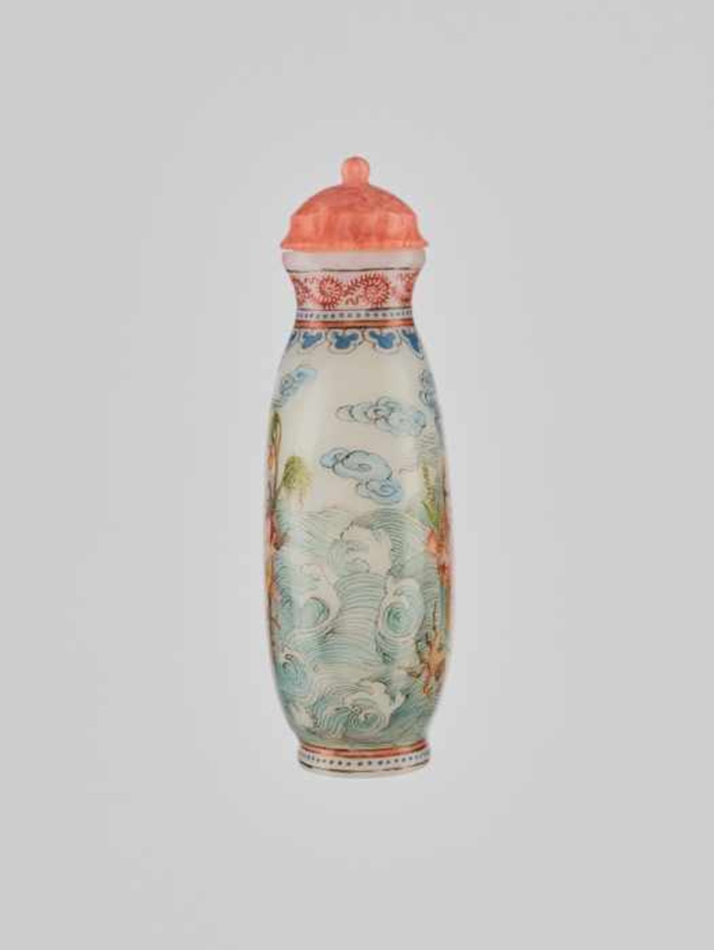 AN ENAMELED ‘BAXIAN’ GLASS SNUFF BOTTLE, 20th CENTURY Opaque white glass with delicately painted - Image 3 of 6