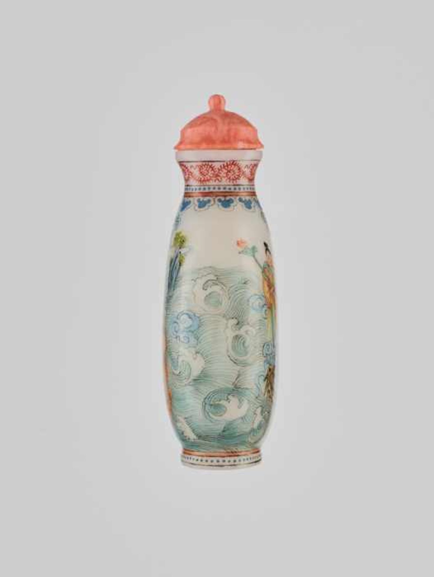 AN ENAMELED ‘BAXIAN’ GLASS SNUFF BOTTLE, 20th CENTURY Opaque white glass with delicately painted - Image 4 of 6