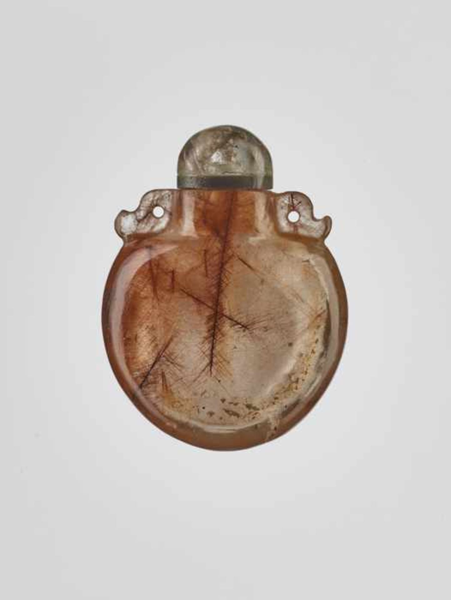 A TOURMALINE NEEDLE CRYSTAL ‘PENDANT’ SNUFF BOTTLE, 19th CENTURY Transparent rock crystal with a