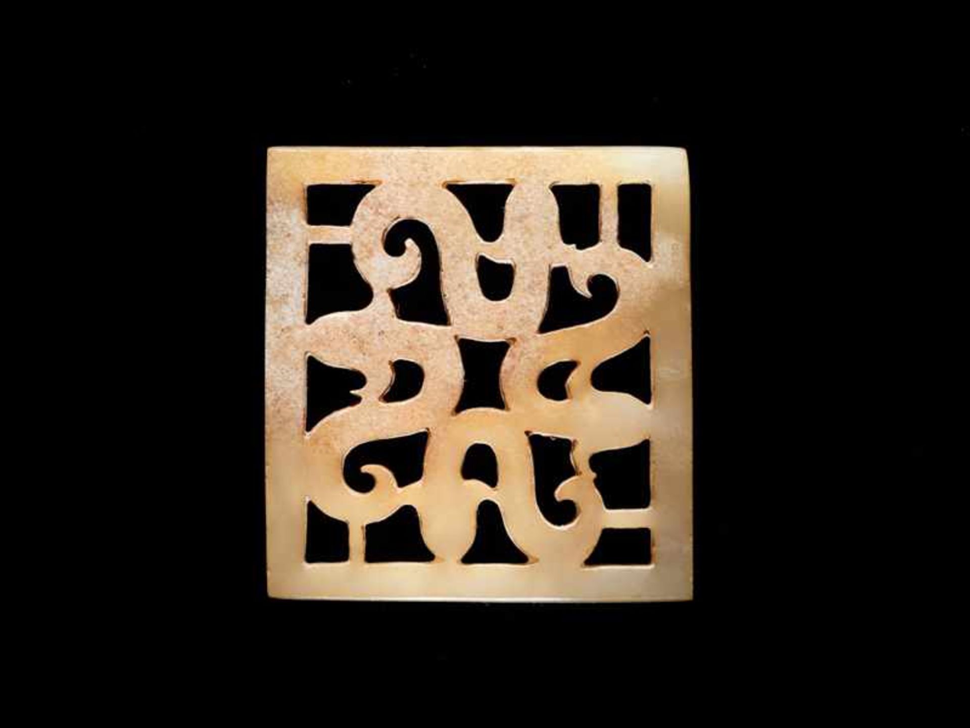 A SQUARE PLAQUE WITH AN OPENWORK PATTERN OF FOUR SNAKES Jade. China, Eastern Zhou, 5th - 4th century - Image 2 of 5