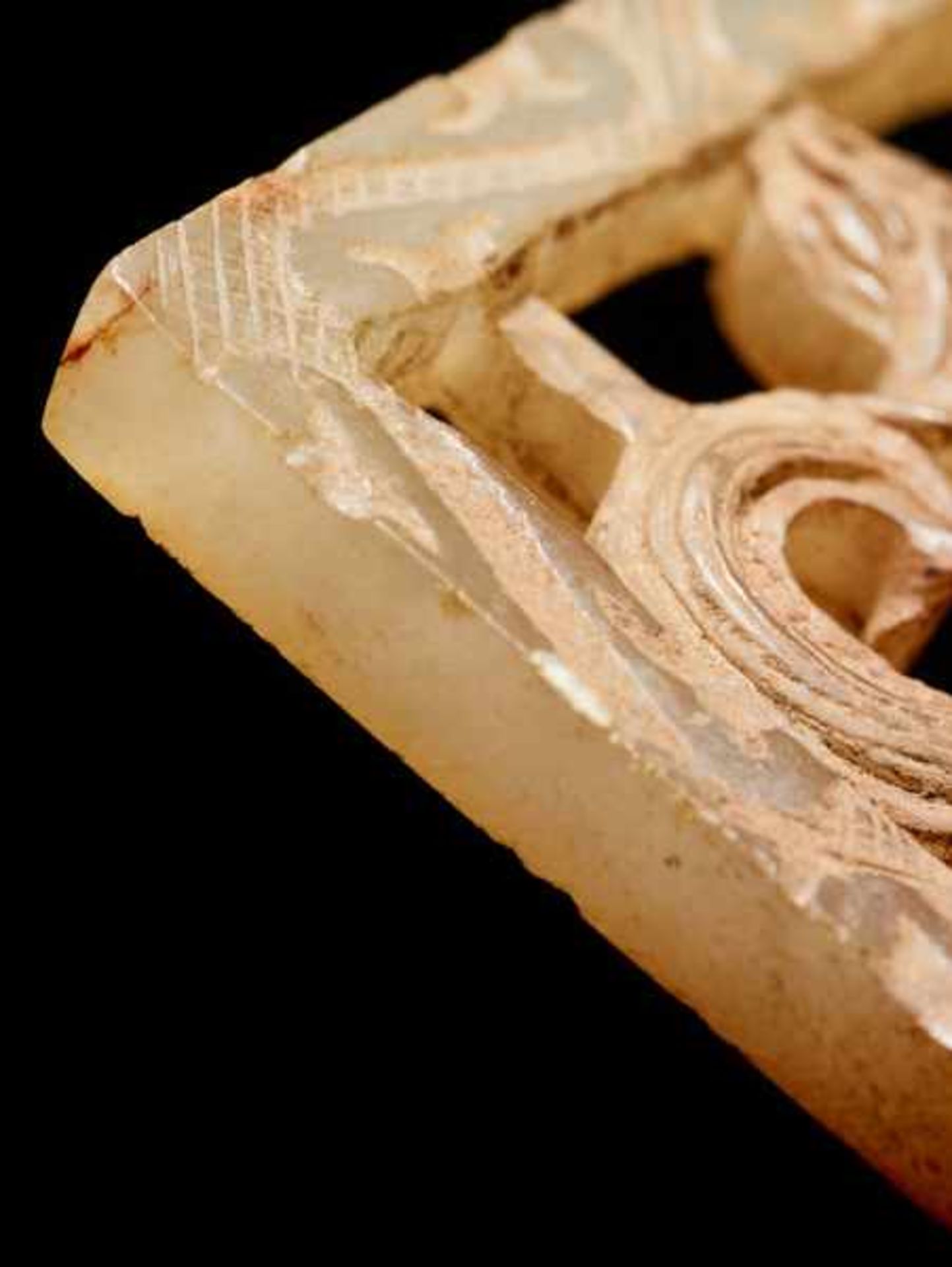 A SQUARE PLAQUE WITH AN OPENWORK PATTERN OF FOUR SNAKES Jade. China, Eastern Zhou, 5th - 4th century - Image 3 of 5