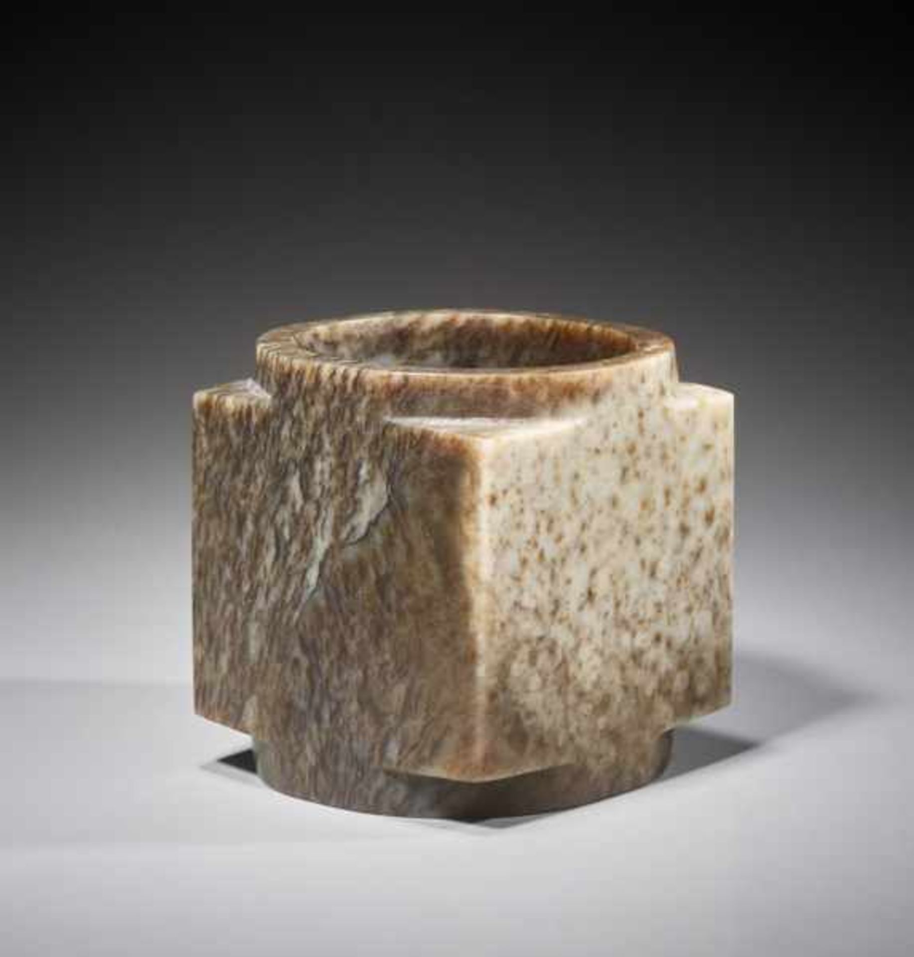 A SUPERB CUBE-SHAPED CONG WITH FINELY POLISHED SIDES CARVED FROM MOTTLED BROWN JADE Jade. China, - Image 3 of 6