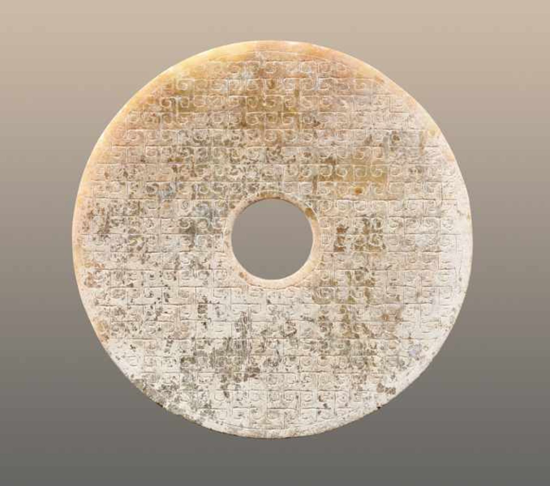 AN INTERESTING PARTLY CALCIFIED BI DISC WITH A GLASSY POLISH AND AN INCISED PATTERN OF LINKED