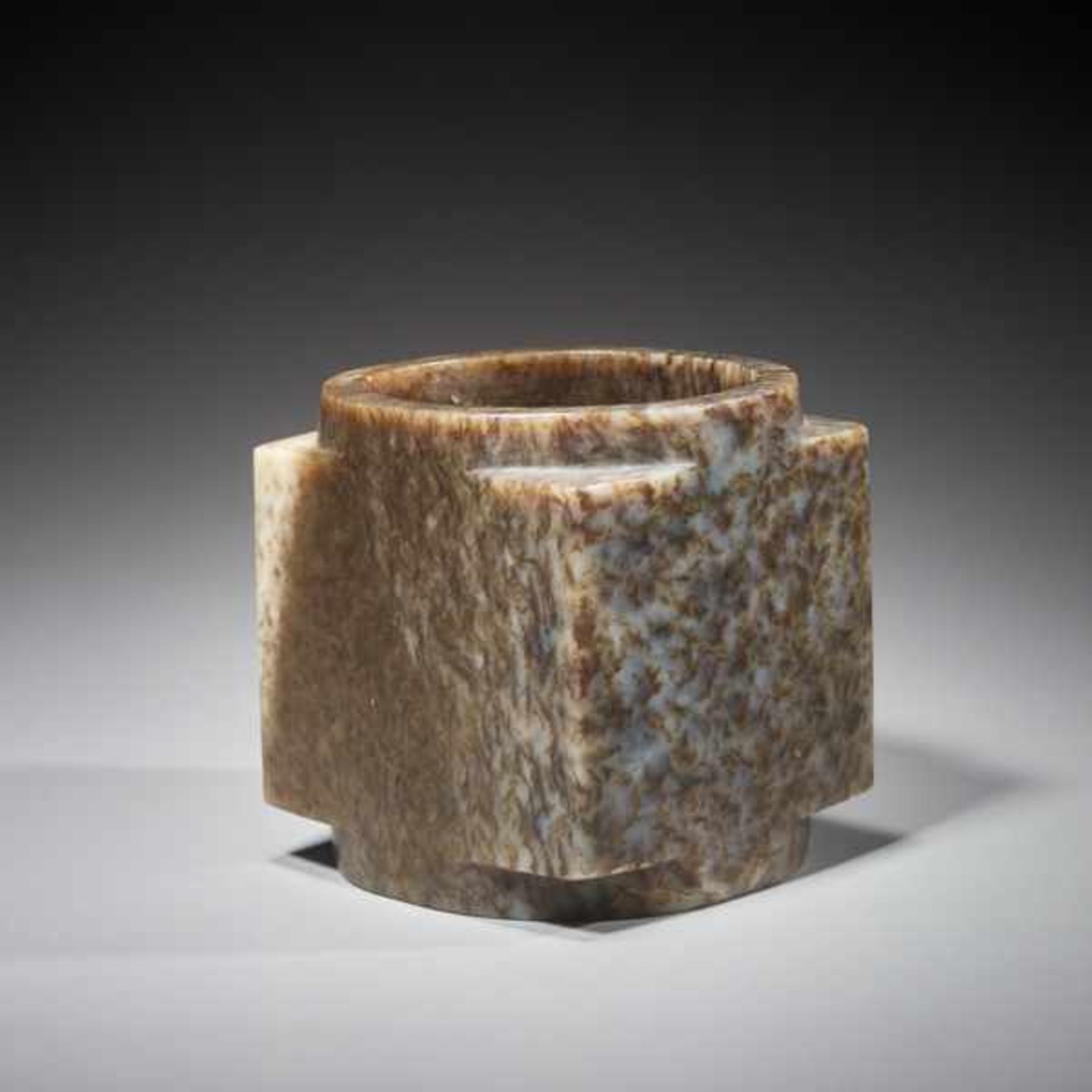 A SUPERB CUBE-SHAPED CONG WITH FINELY POLISHED SIDES CARVED FROM MOTTLED BROWN JADE Jade. China, - Image 4 of 6