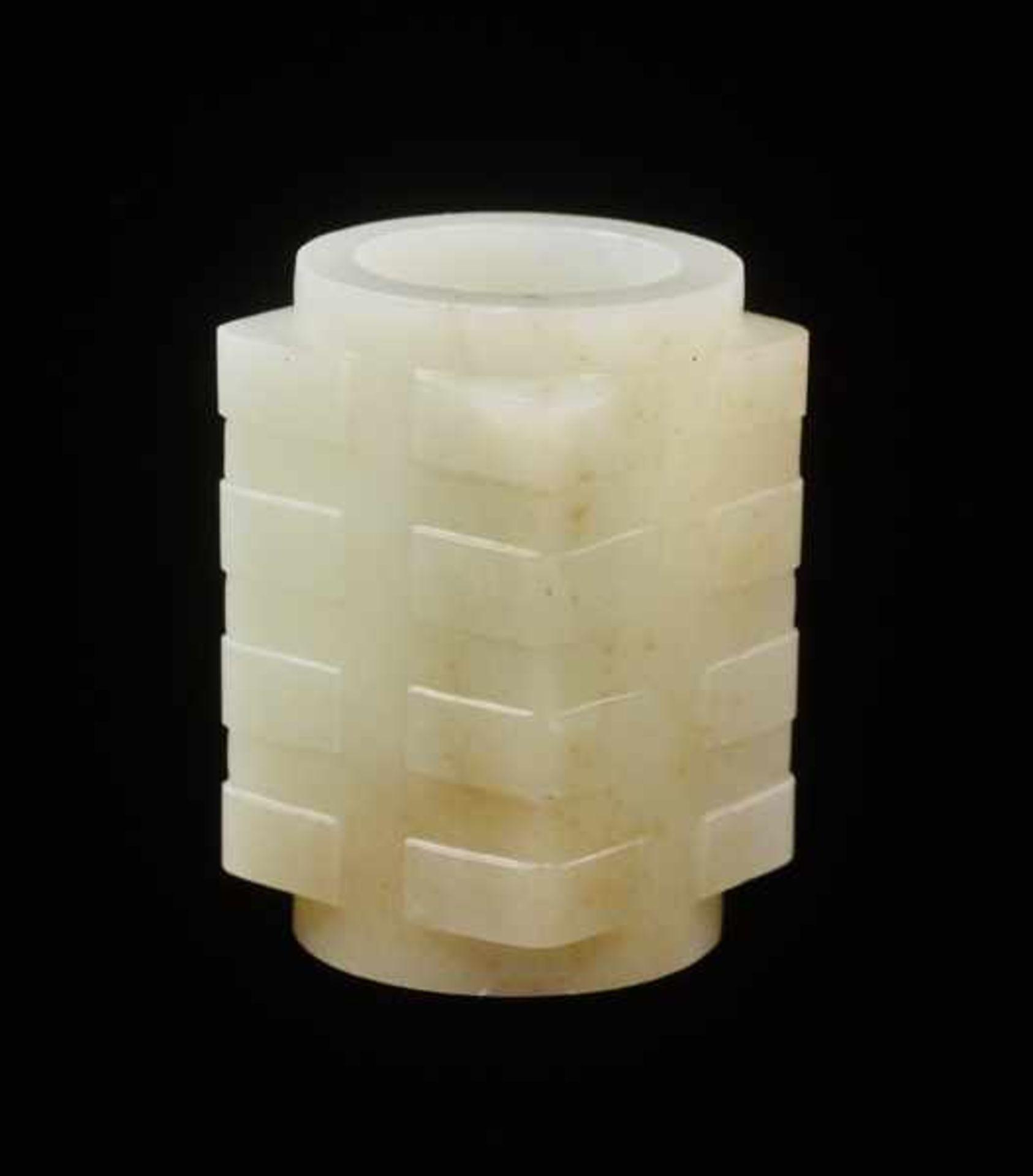 A BEAUTIFUL AND RARE MINIATURE CONG IN RESPLENDENT WHITE JADE DECORATED WITH REGULAR, WELL-CARVED