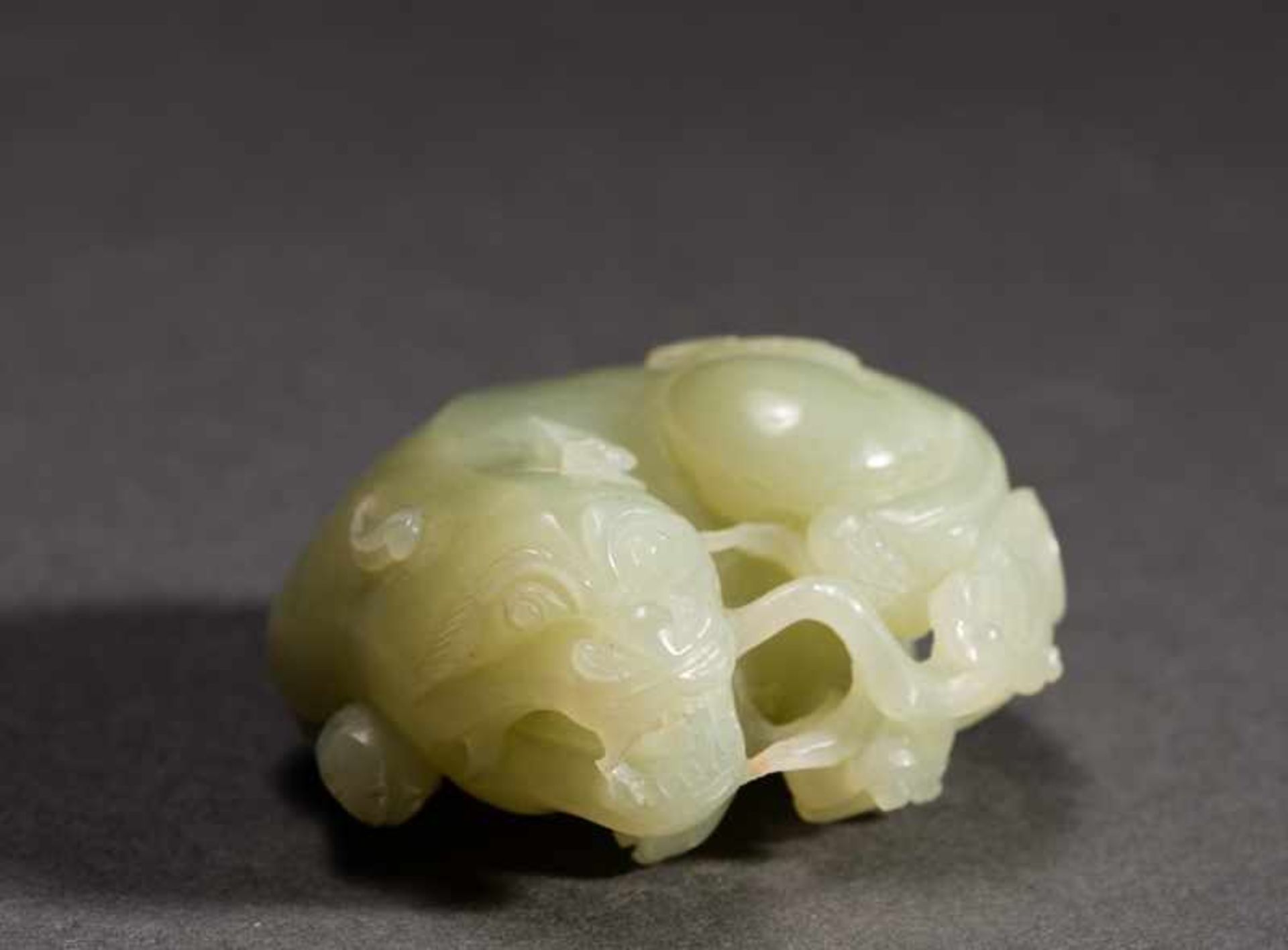 LYING SHIZI Jade. China, Round, lying lion-dog, shizi, with an expressively shaped head. Open mouth, - Image 2 of 5