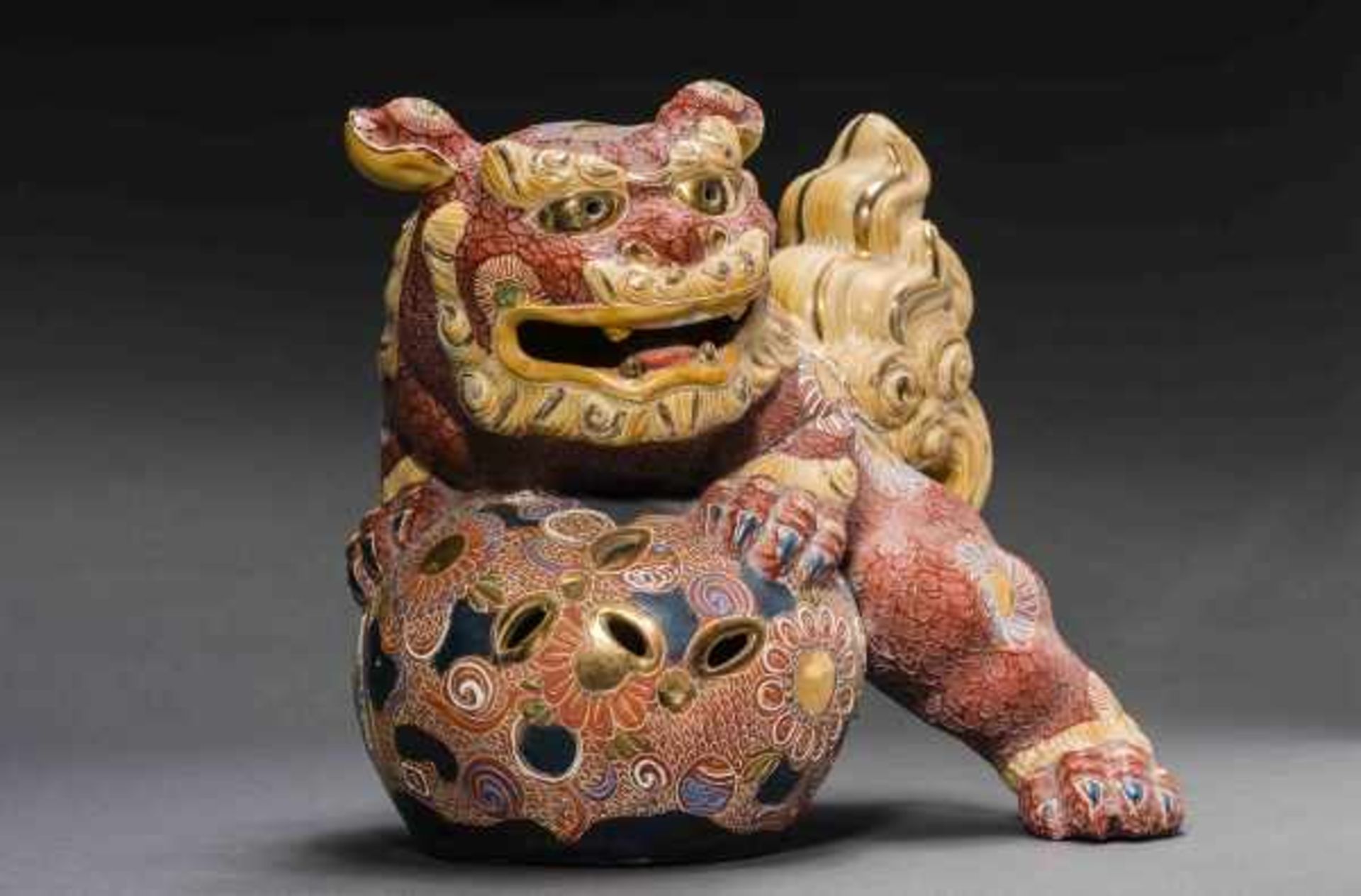 LION-DOG (SHISHI) WITH BALL Painted Kutani ceramic with gilding. Japan, Meiji to TaishoCompact - Image 2 of 6