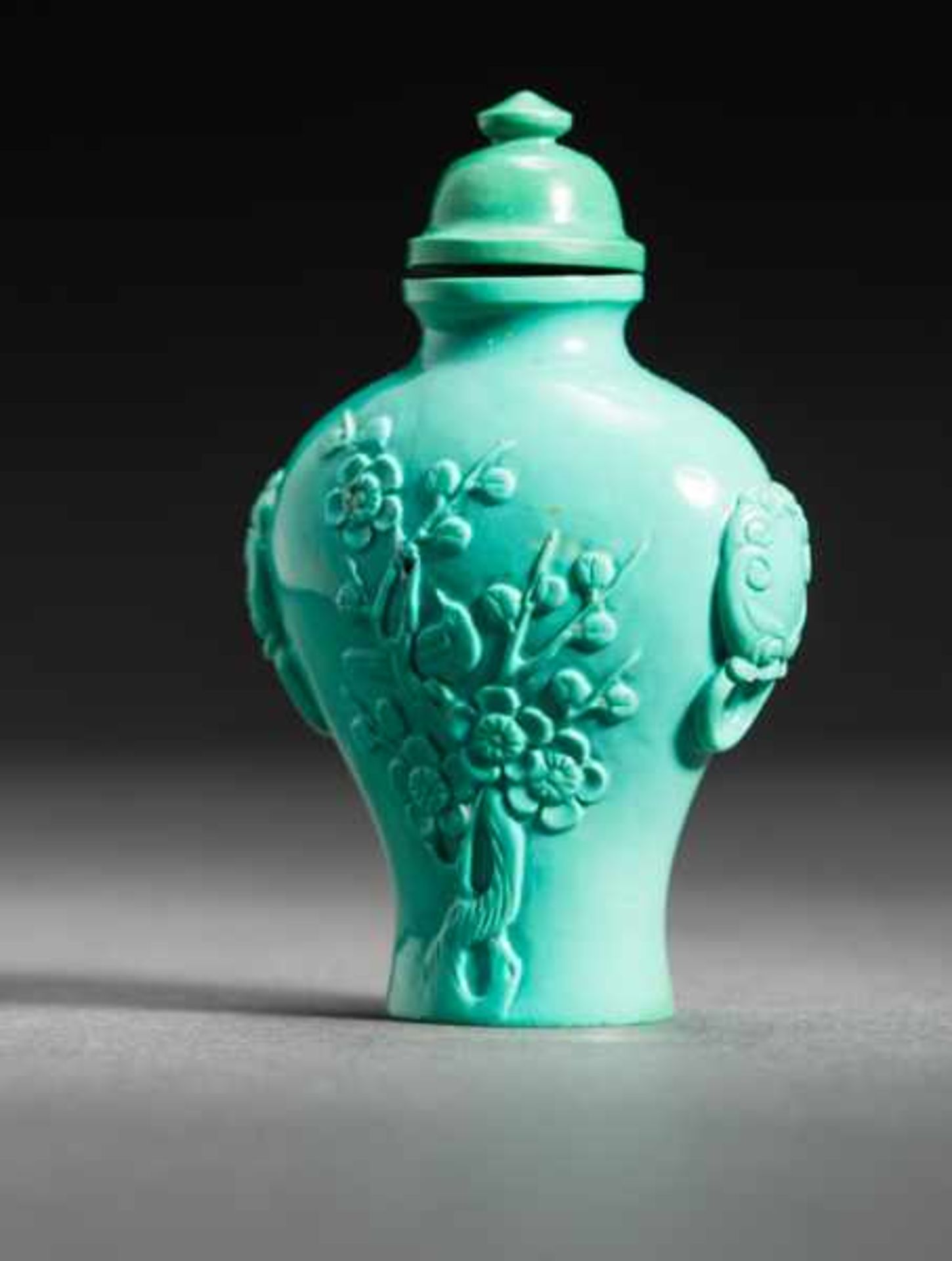 PLUM BLOSSOMS AND BIRD Turquoise. Stopper: hemispherical turquoise with small knob; short, ivory - Image 7 of 7