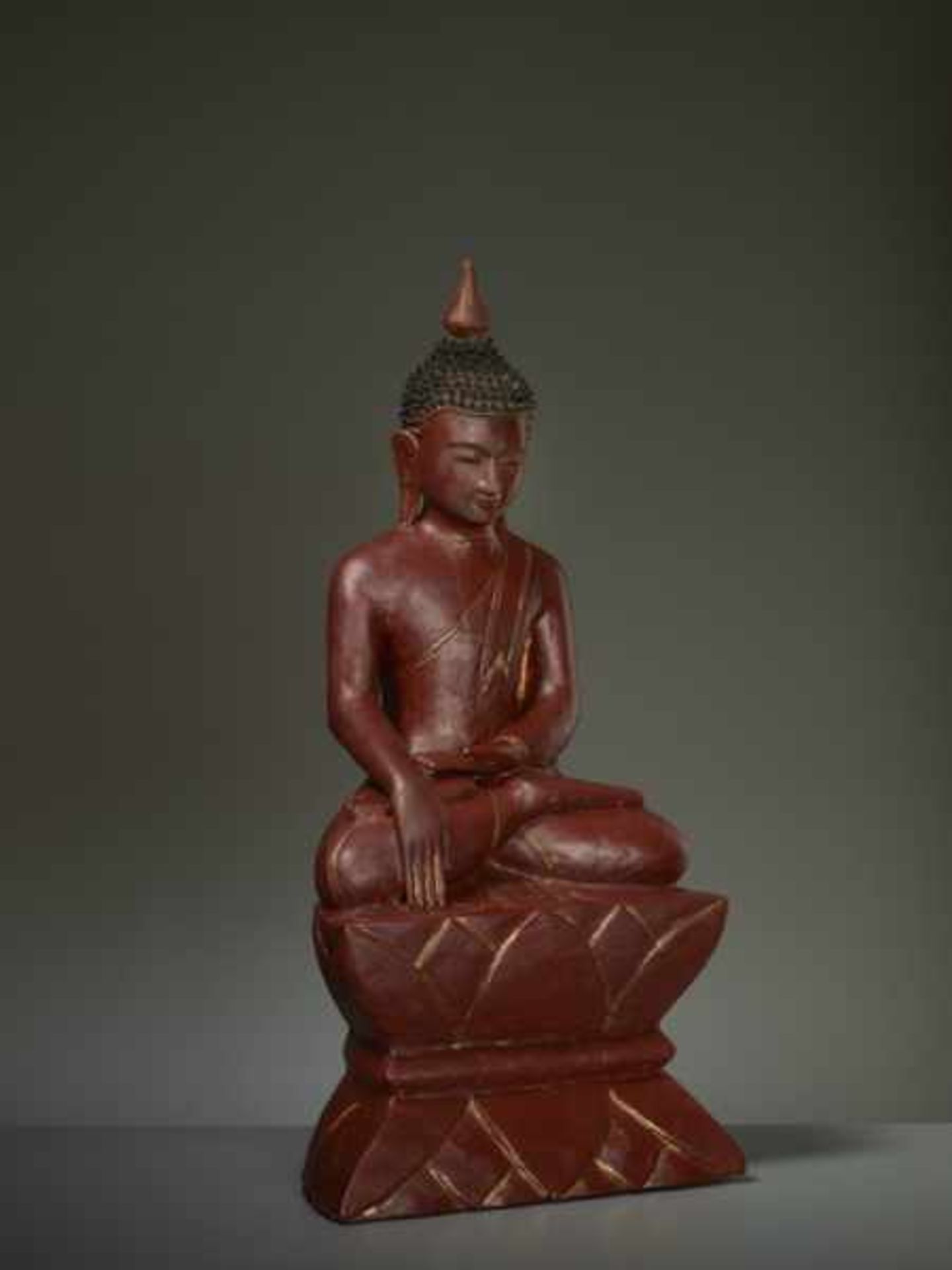 BUDDHA CALLING UPON THE EARTH-GODDESS Wood, lacquer, gilding. Burma, ca. 18th to 19th cent.By - Image 3 of 6