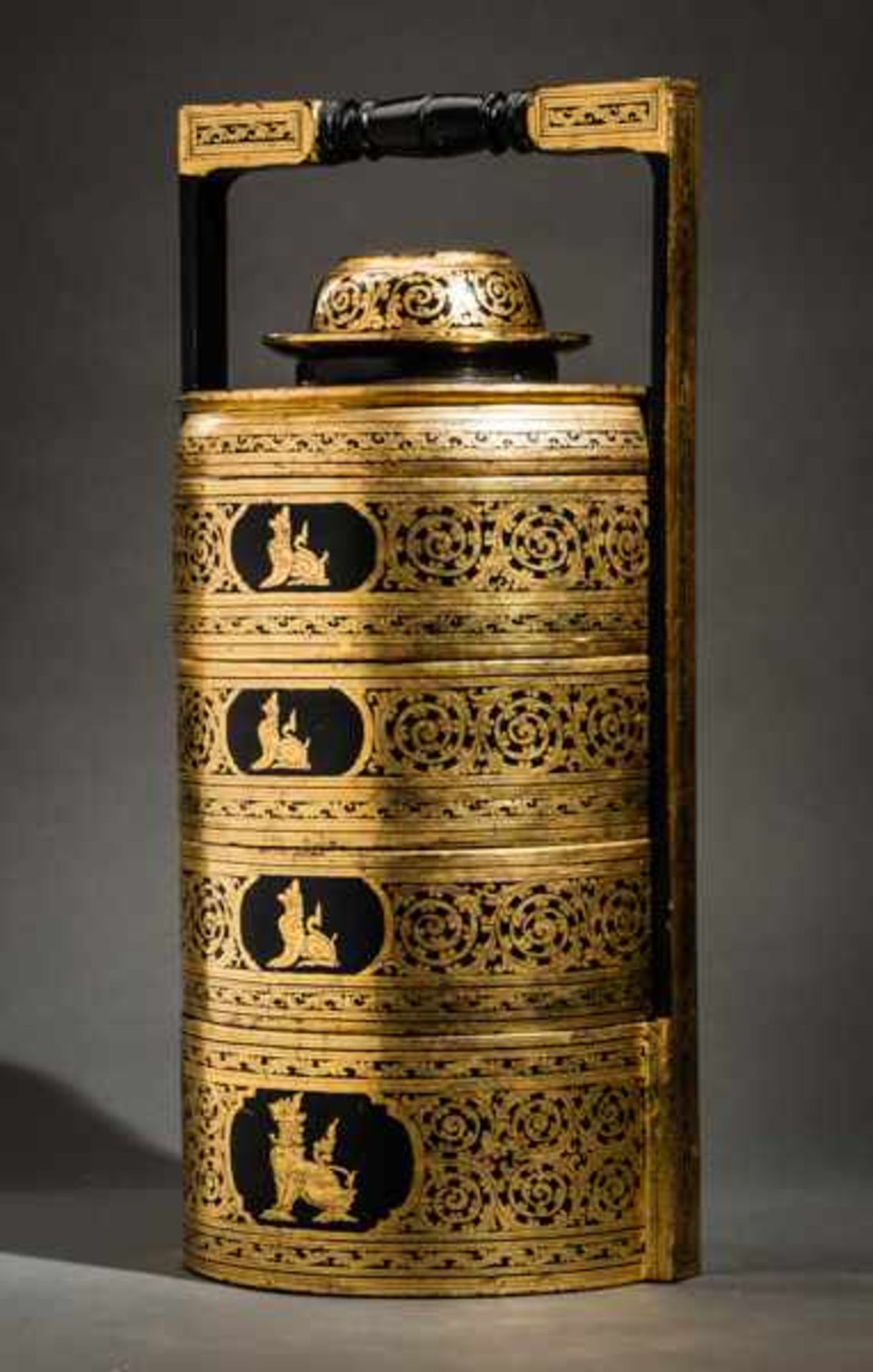 TALL MULTILAYER VESSEL Wood, bamboo, lacquer technique, gold. Burma, late Konbaung, 19th cent.Four - Image 2 of 5