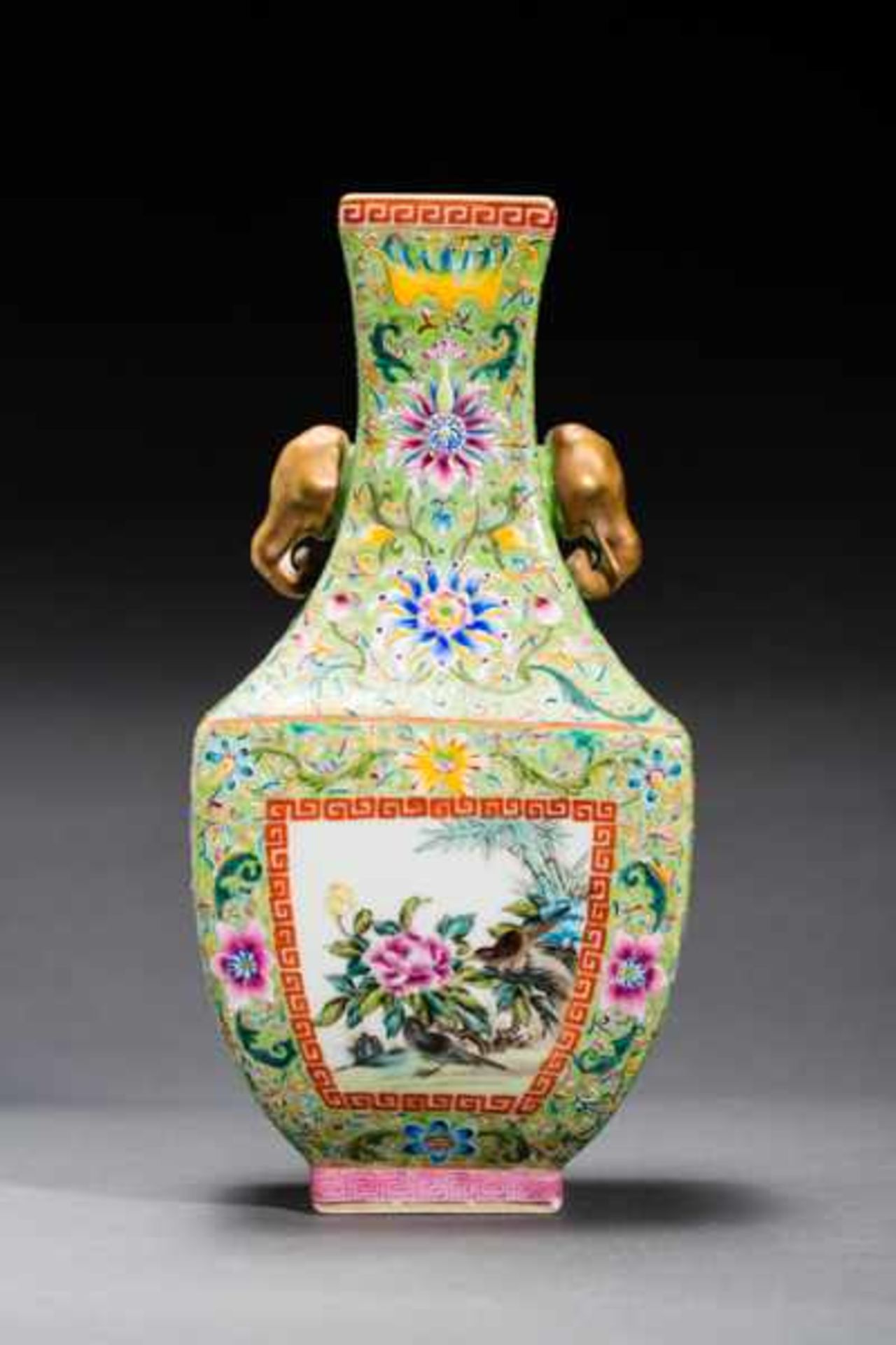 VASE WITH BLOSSOMS, BIRDS AND ELEPHANT HEADS Porcelain with enamel paint and gilding. China, This