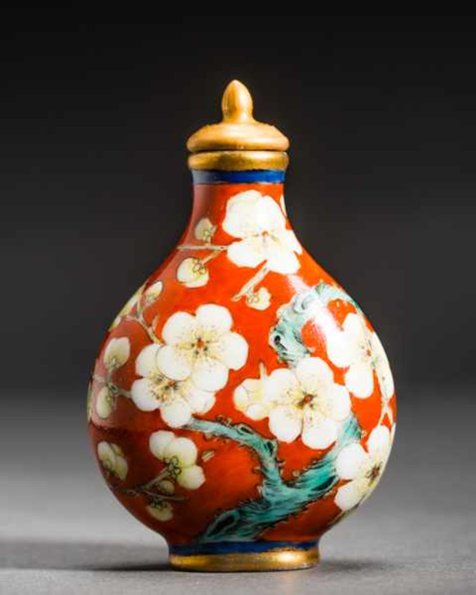BLOSSOMING PLUM TREE Porcelain with enamel paint. Stopper: gilded porcelain, ivory spoon. China, - Image 2 of 6