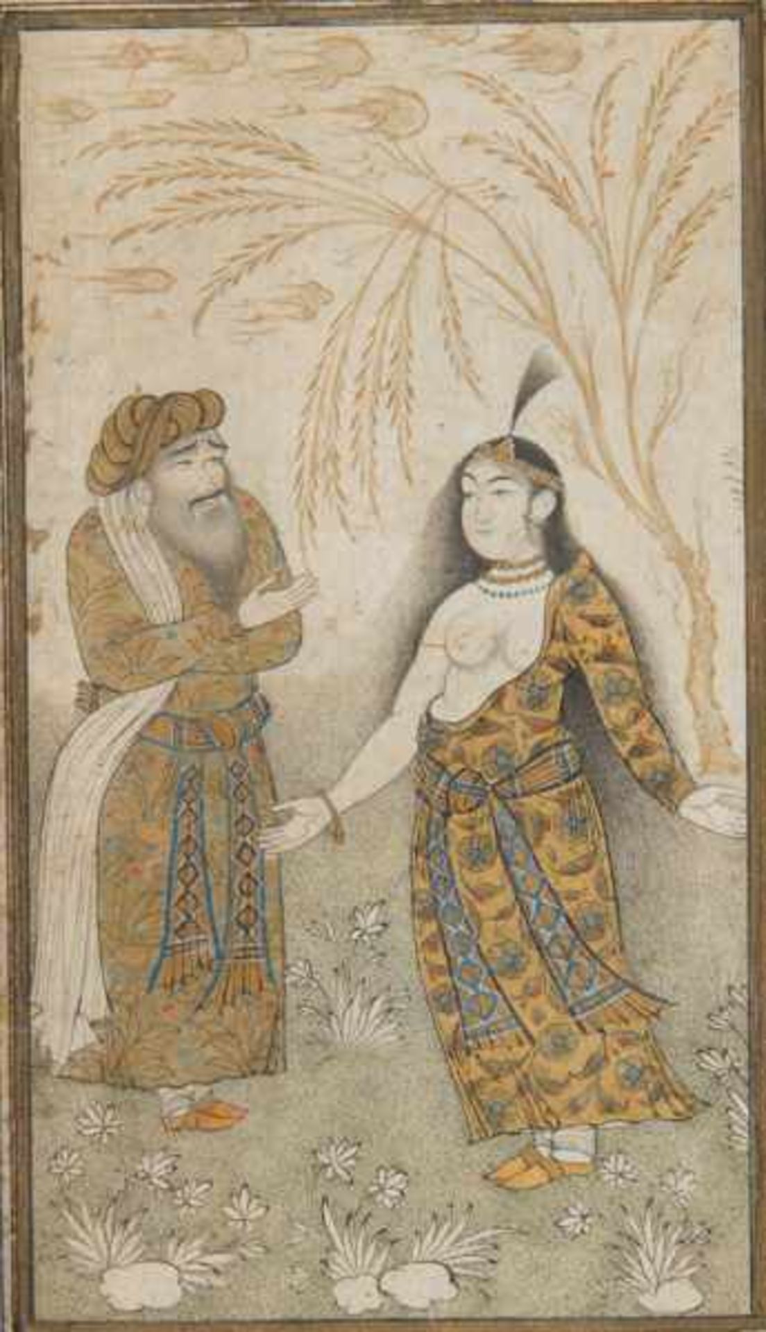 BEARDED MAN AND HALF NAKED BEAUTY Color and gold on paper. India, Mogul-Stil, 19th cent.Finest