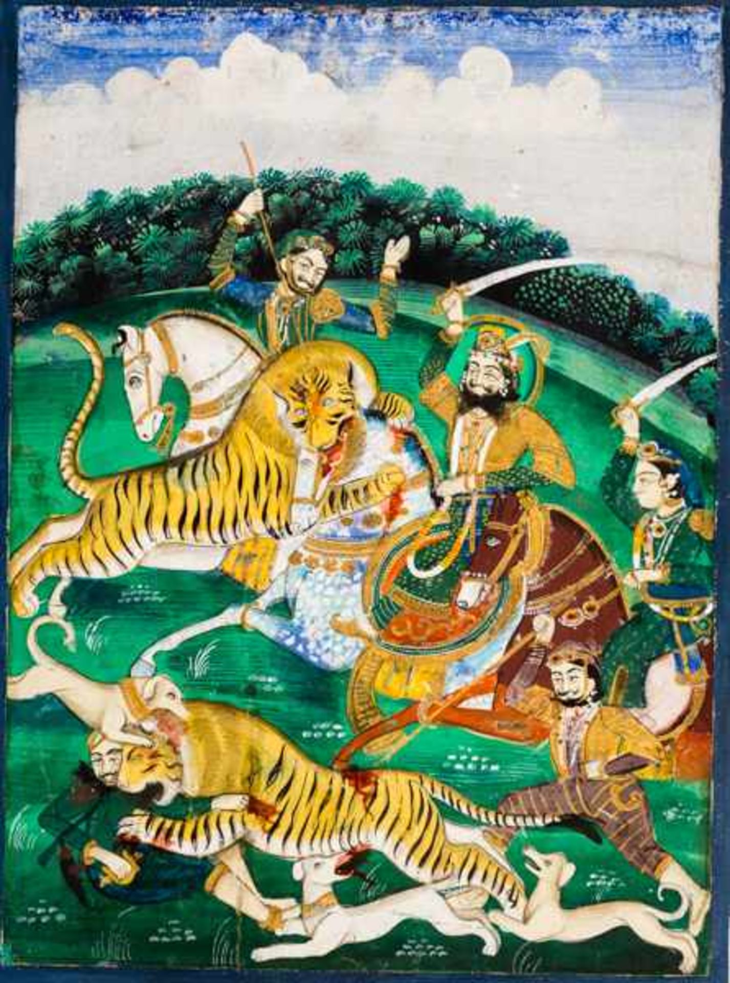 TIGER-HUNT Paint on paper, gilding. India, Punjab, about 1800A dramatic scene with a full-bearded,