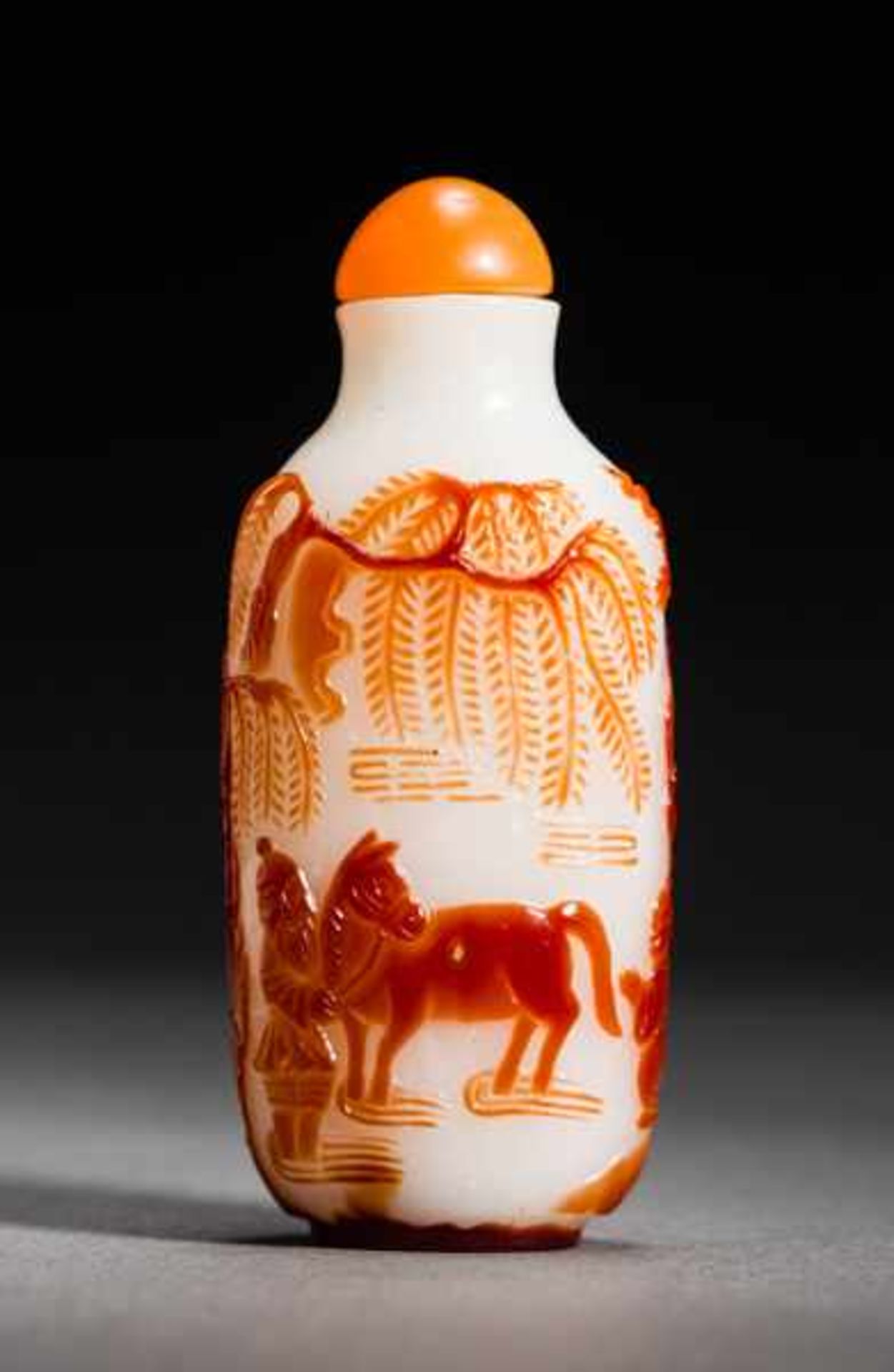 SHEPHERD BOY ON AN OX Orange-red overlay on a milky white glass bottle. Stopper: Carneliancolored