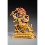 THE DIVINITY MAHAKALA ON GANESHA Fire-gilded bronze. Tibet, in the style of 18th cent.Very