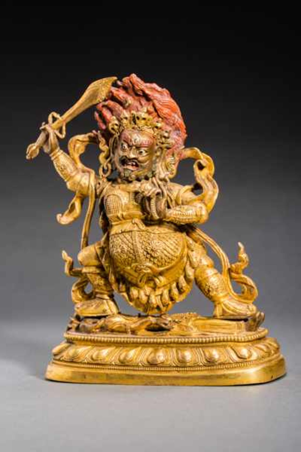 THE DIVINITY MAHAKALA ON GANESHA Fire-gilded bronze. Tibet, in the style of 18th cent.Very