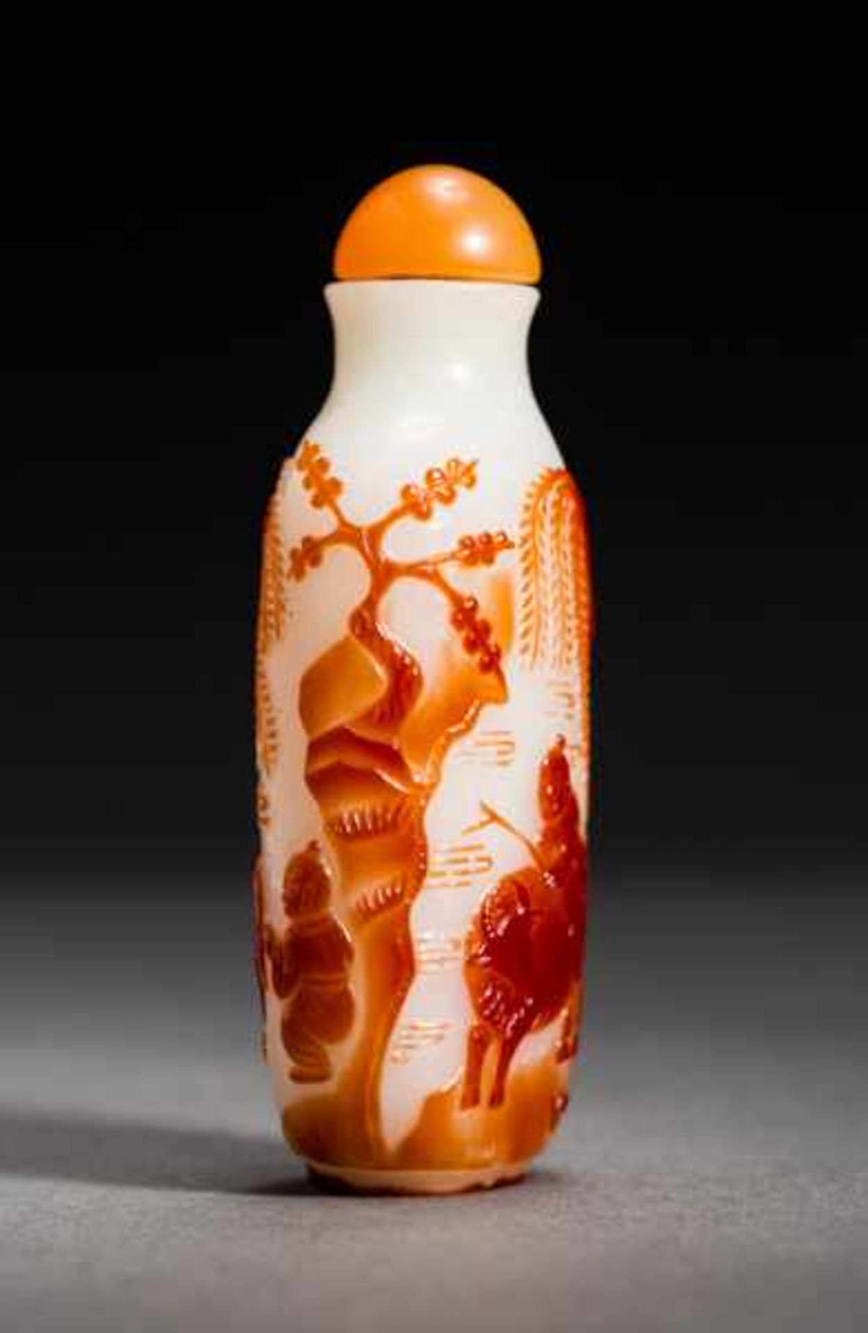 SHEPHERD BOY ON AN OX Orange-red overlay on a milky white glass bottle. Stopper: Carneliancolored - Image 2 of 6