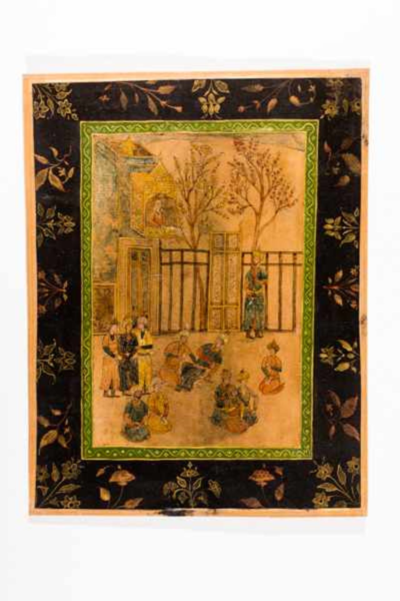 COURTLY SCENE AND FLOWER BOUQUET Paint and gold on leather, or paper. Indo-Persia, about - Image 2 of 2