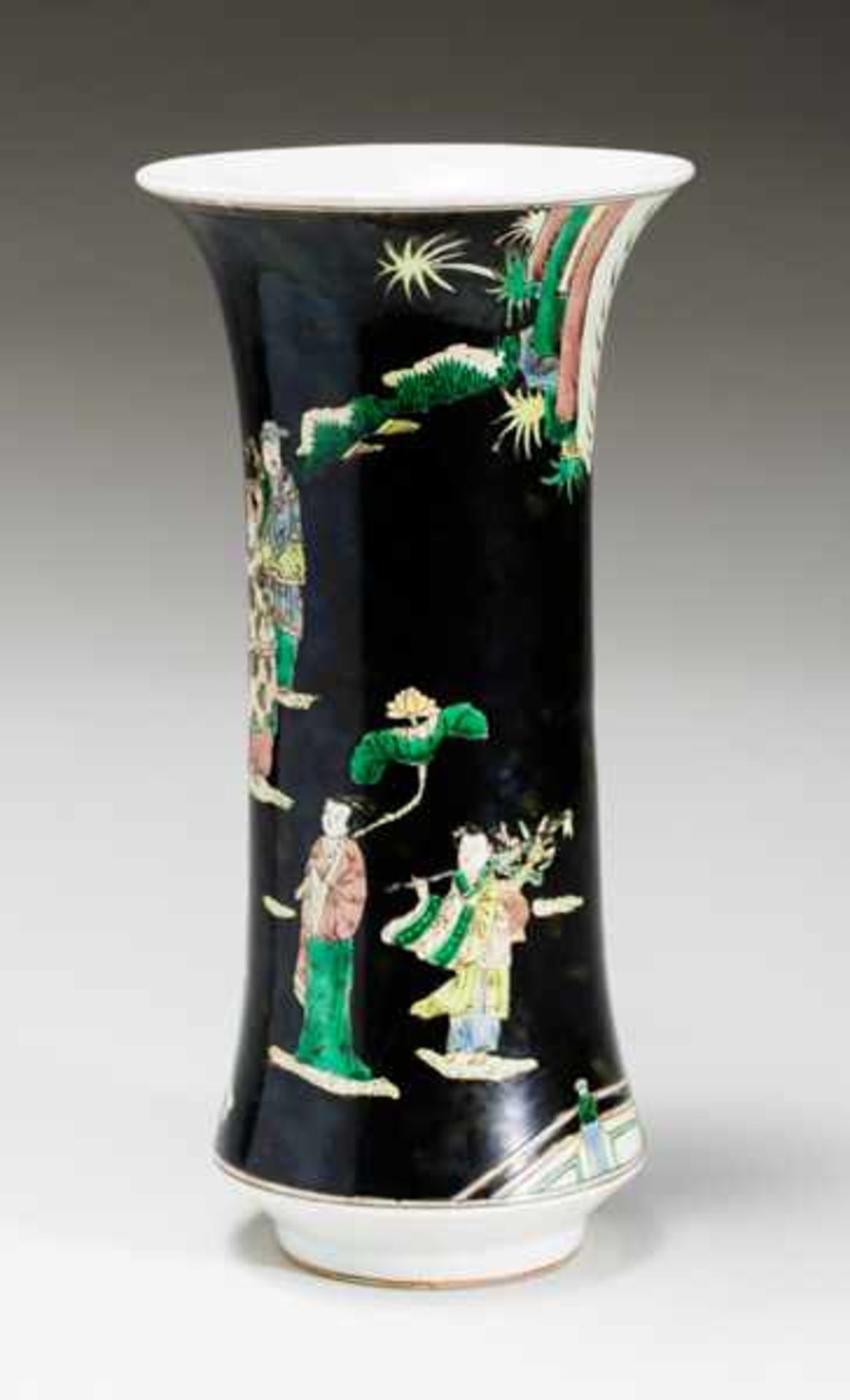 VASE WITH EIGHT IMMORTALS Porcelain with enamel paint. China, Tall vase, flared at both ends, with a - Image 3 of 7