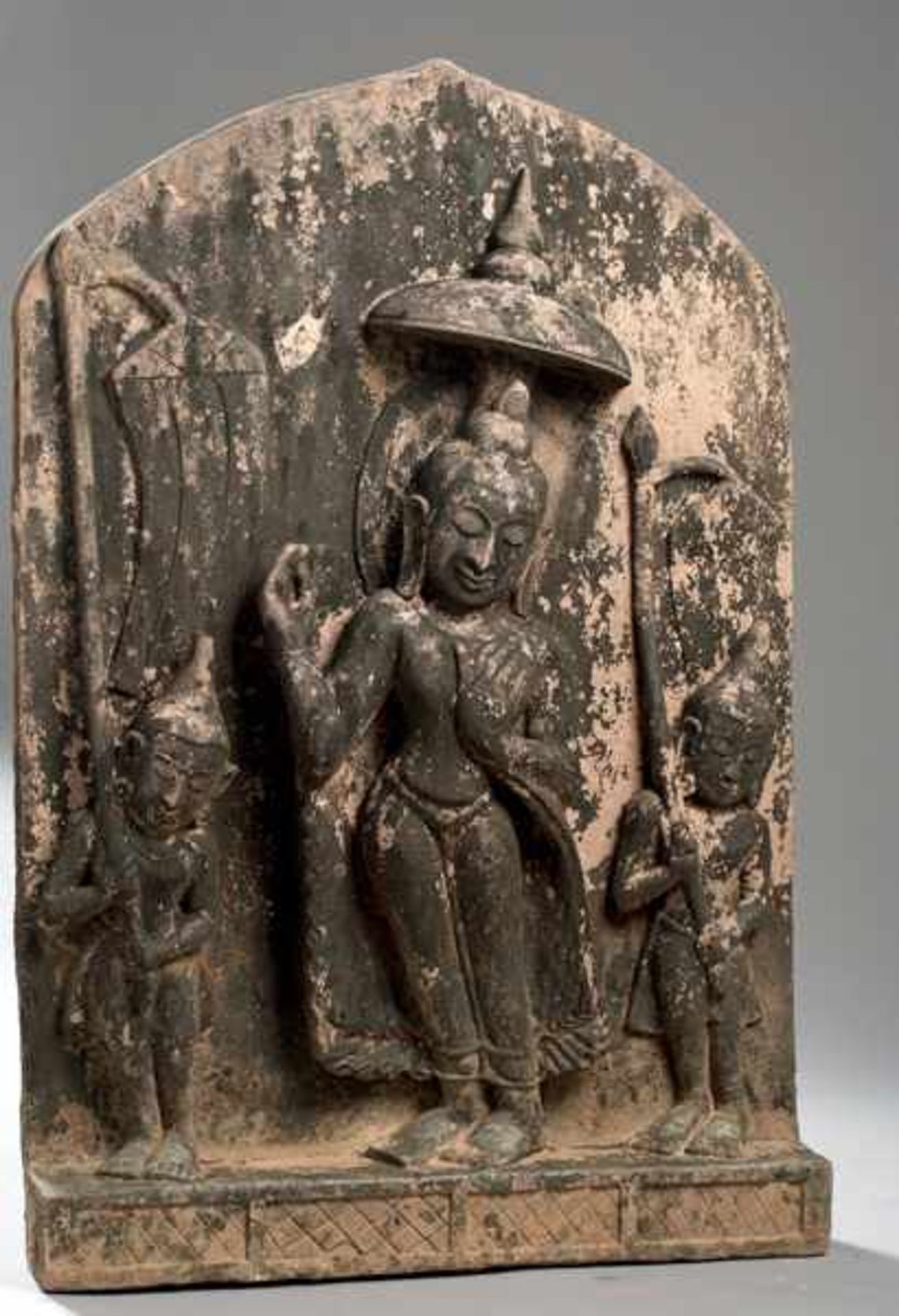 LARGE STELE DEPICTING BUDDHA AND COMPANIONS Stone. Burma, Post- Bagan-style, ca. 18th / 19th