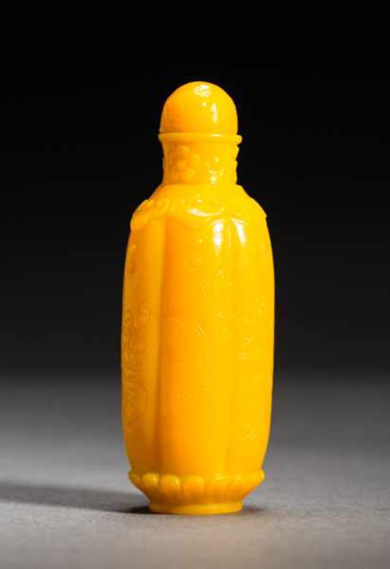 BLOSSOMS AND LONGEVITY RUYI Imperial yellow, Peking glass. Stopper: orange yellow glass; spoon