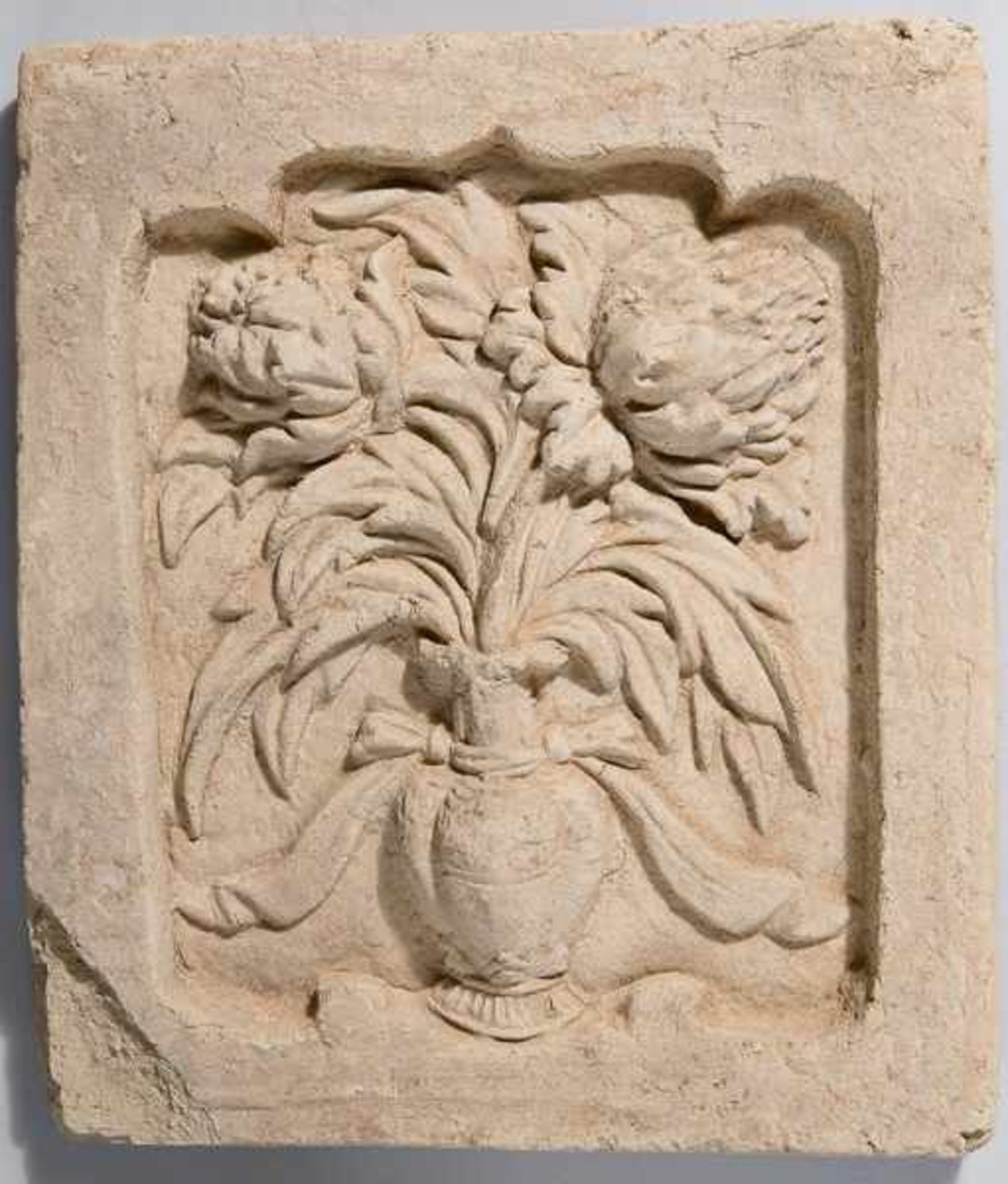 800 YEAR-OLD FRIEZE Terracotta. China, Jin (1115-1234)Recessed relief of a vase with flowers. Highly