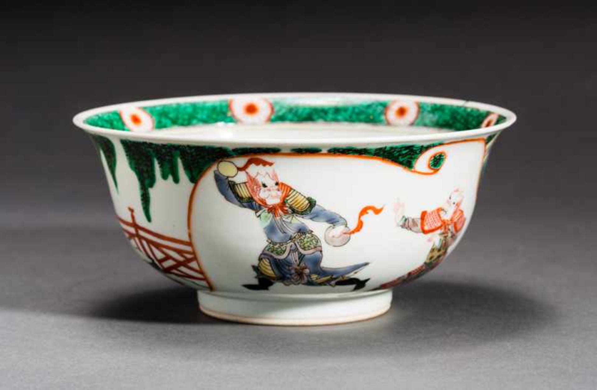 DEEP BOWL WITH FIGURAL SCENE Porcelain with enamel paint. China, On the outside of the curved