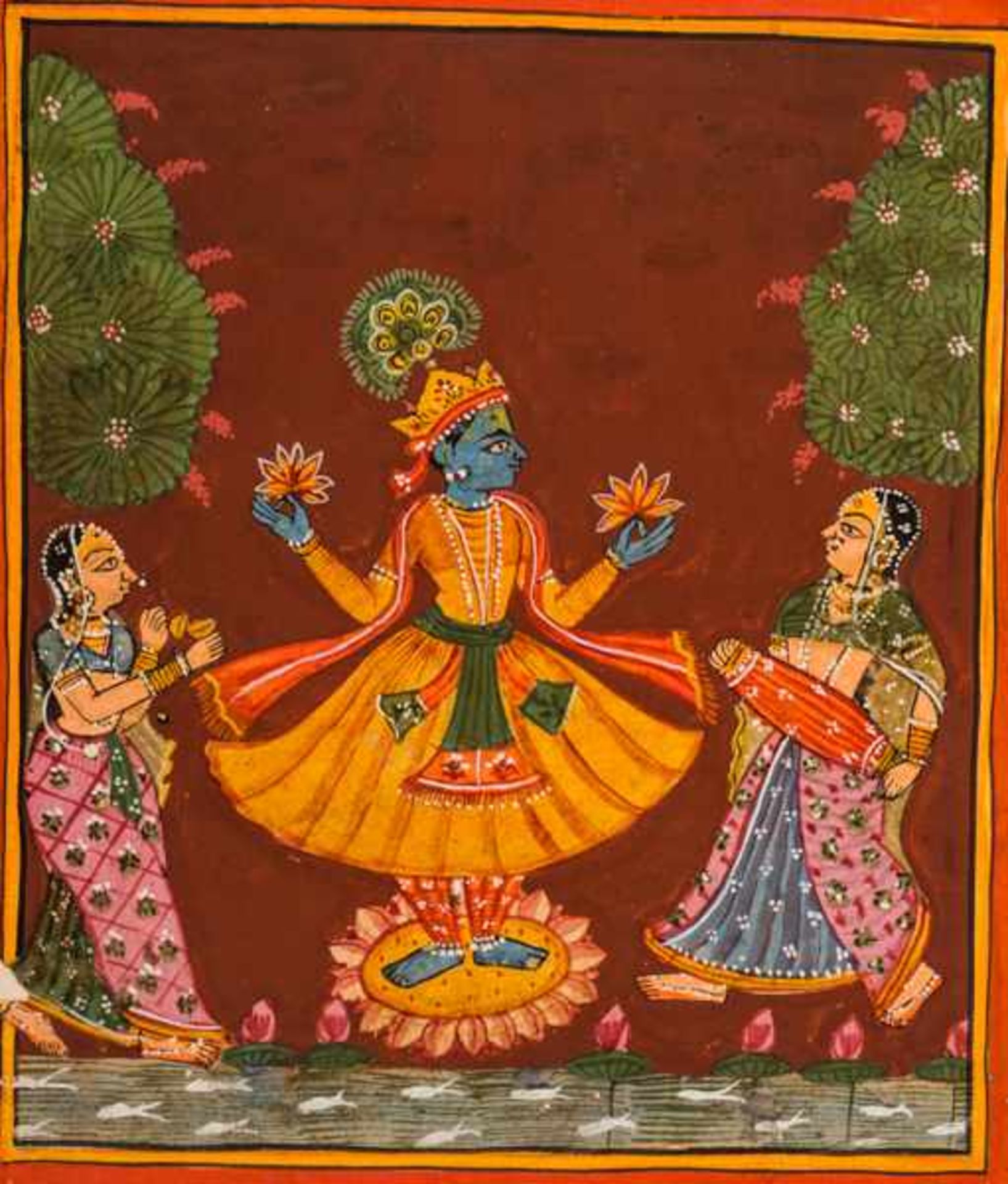 THE GOD KRISHNA ON A LOTUS BLOSSOM Paint on paper. India, Rajasthan, ca. 18th cent.In the center