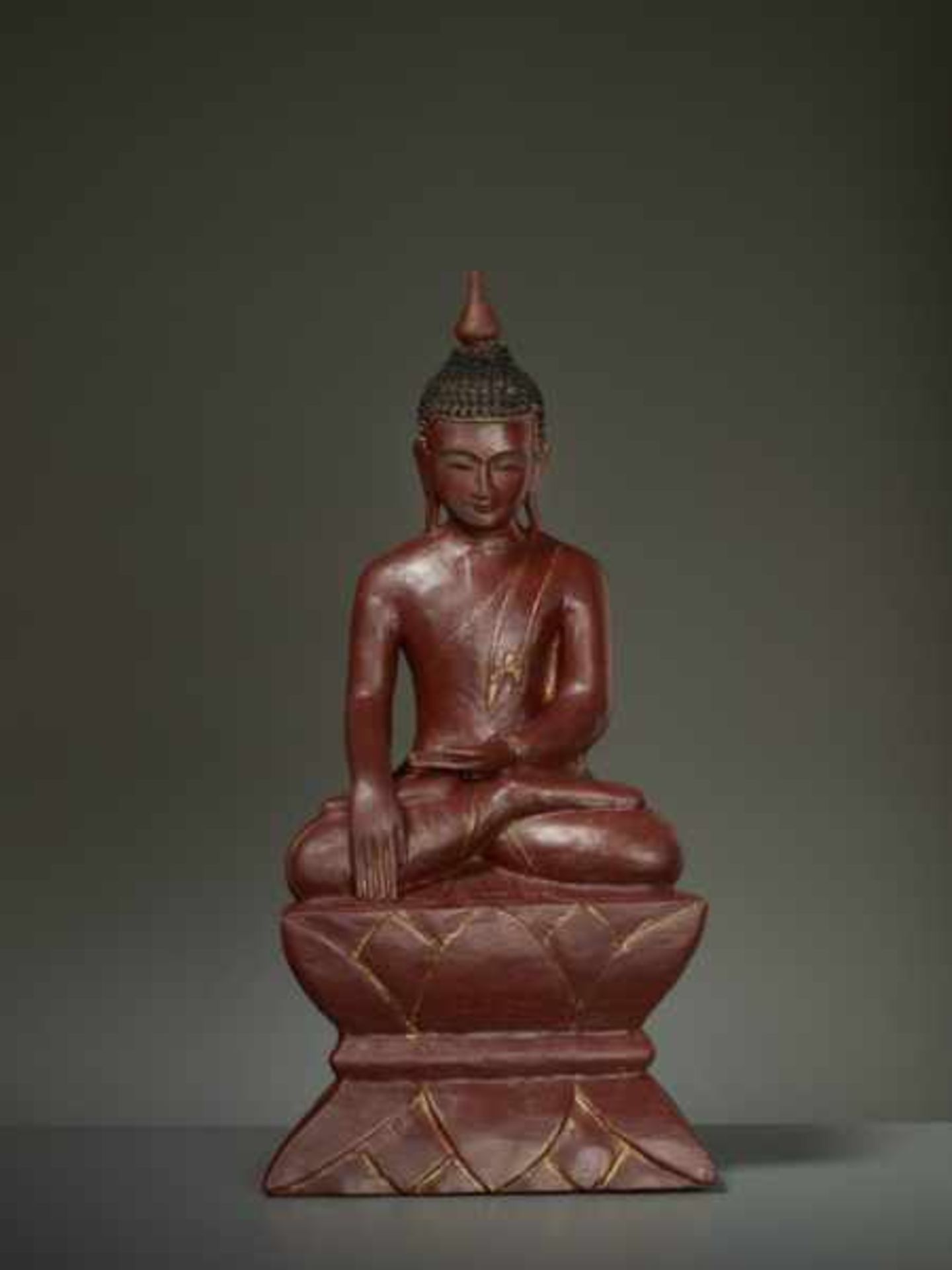 BUDDHA CALLING UPON THE EARTH-GODDESS Wood, lacquer, gilding. Burma, ca. 18th to 19th cent.By - Image 2 of 6