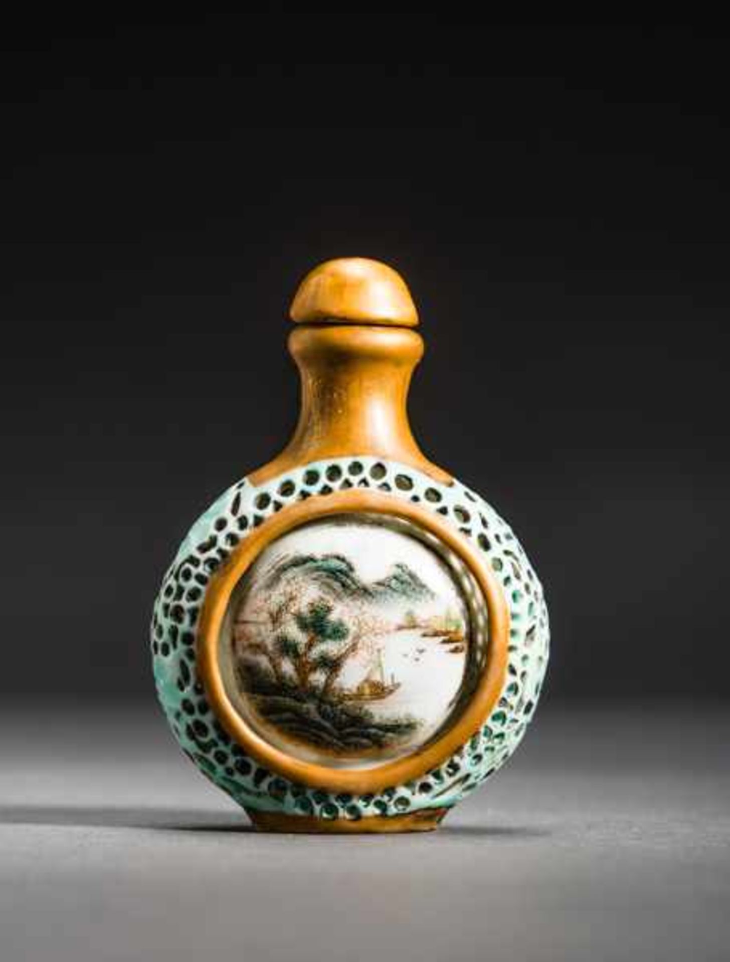 SHANSHUI LANDSCAPE AND POEM Porcelain with paint. Stopper: gilded porcelain, ivory spoon. China,