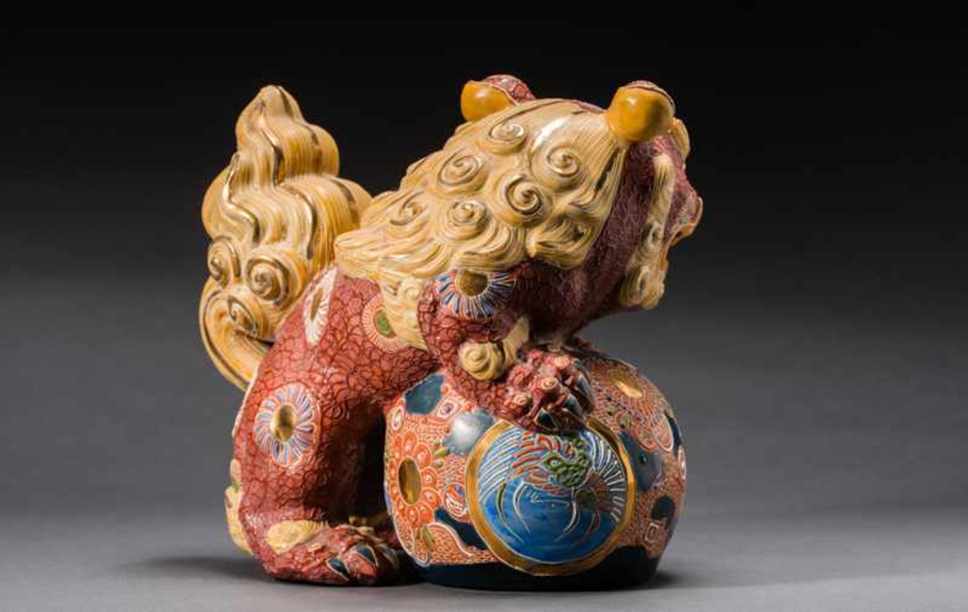 LION-DOG (SHISHI) WITH BALL Painted Kutani ceramic with gilding. Japan, Meiji to TaishoCompact - Image 4 of 6