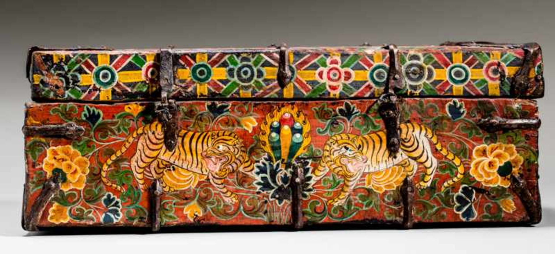 STRONGBOX WITH SNOW LIONS, TIGERS AND BOYS Colorfully painted wood, iron fittings. Tibet, 19th - Image 5 of 8
