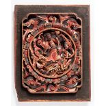 A VERY NICE WOODEN PANEL WITH A DEITY ON A DRAGON Wood with old painting. China, 19th cent.A carving